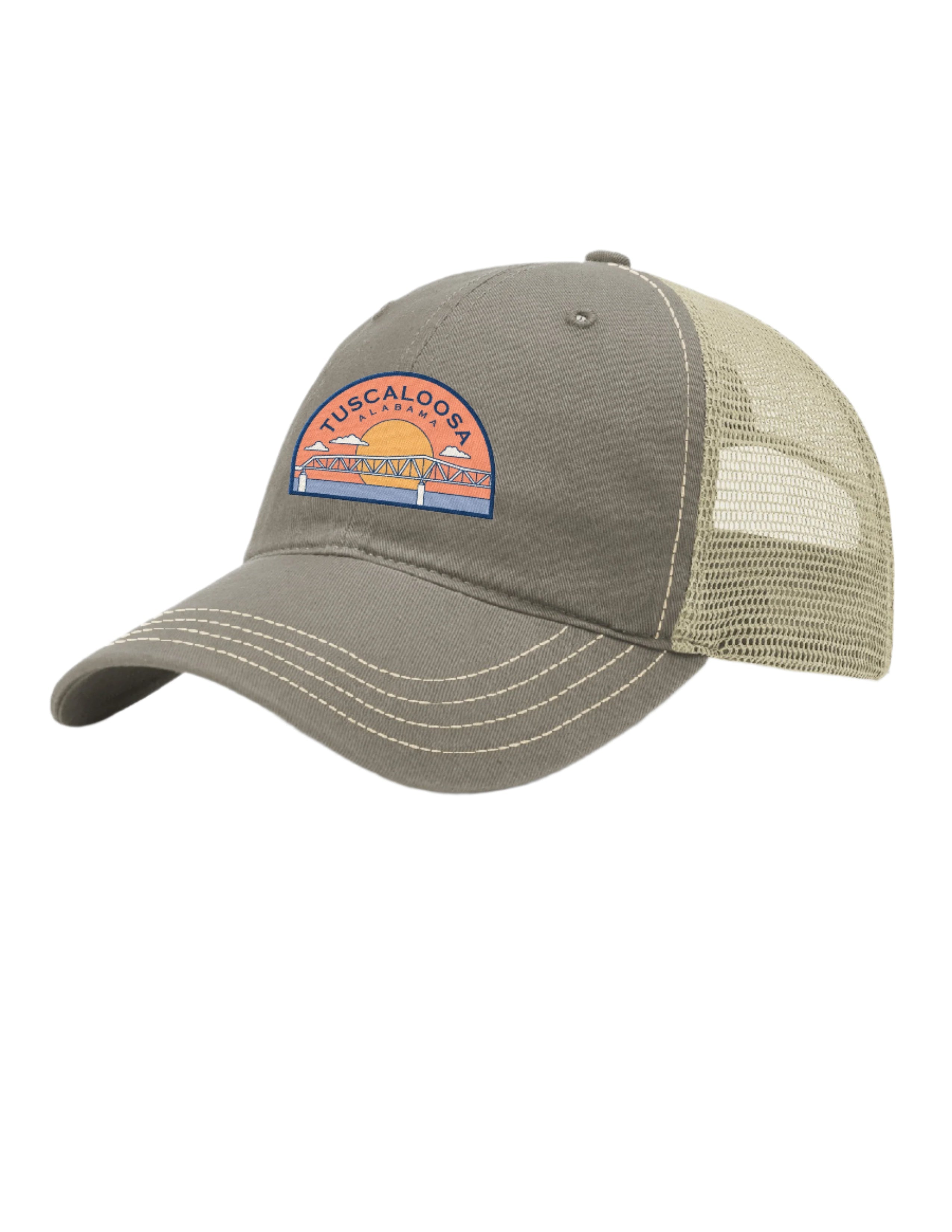 Tuscaloosa Beige Trucker Hat with a patch featuring Blue text "Tuscaloosa Alabama" a drawing of the sun setting on the iconic Tuscaloosa Trestle