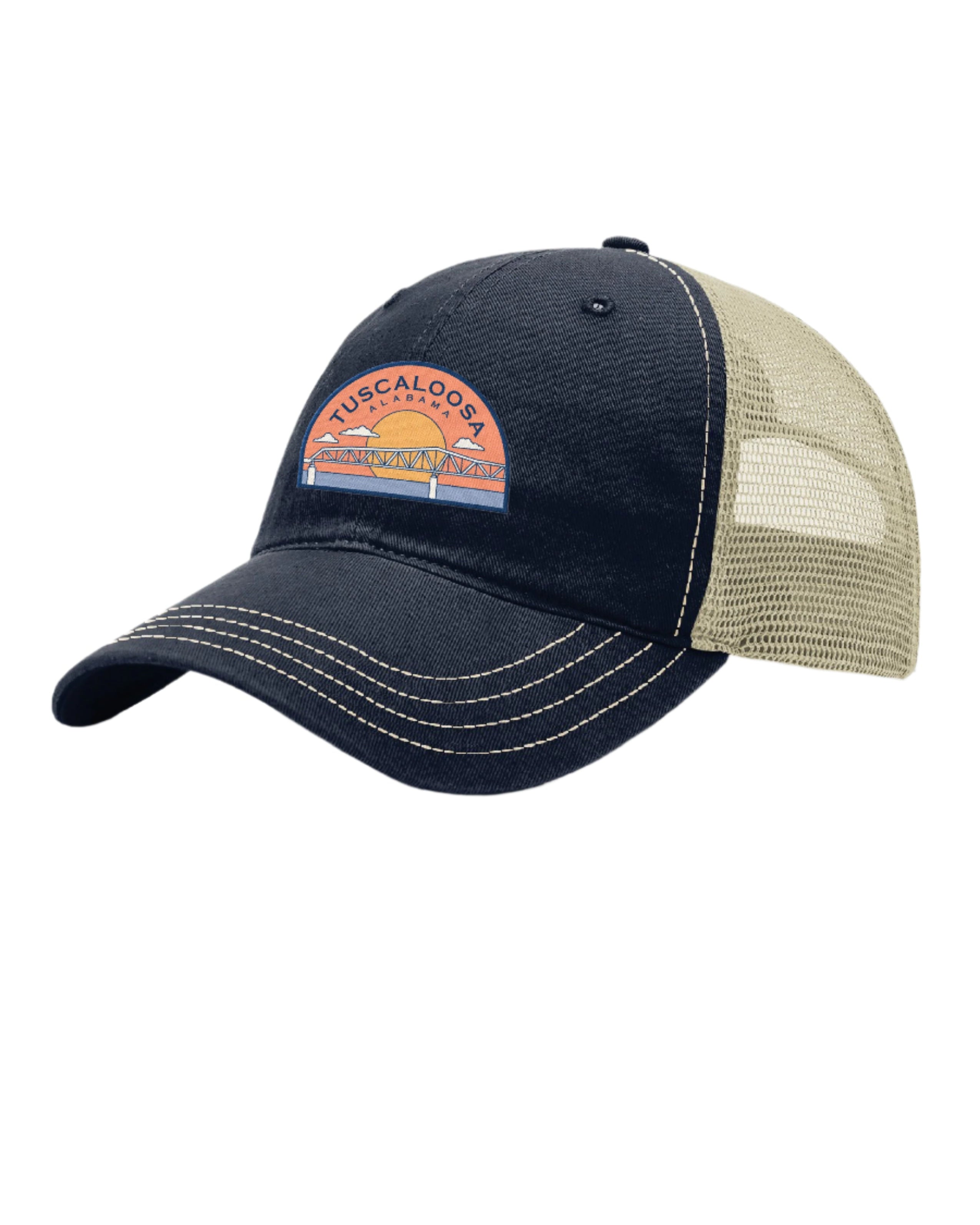 Tuscaloosa Navy and Beige Trucker Hat with a patch featuring Blue text "Tuscaloosa Alabama" a drawing of the sun setting on the iconic Tuscaloosa Railroad Tracks