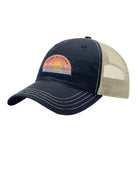 Tuscaloosa Navy and Beige Trucker Hat with a patch featuring Blue text "Tuscaloosa Alabama" a drawing of the sun setting on the iconic Tuscaloosa Railroad Tracks