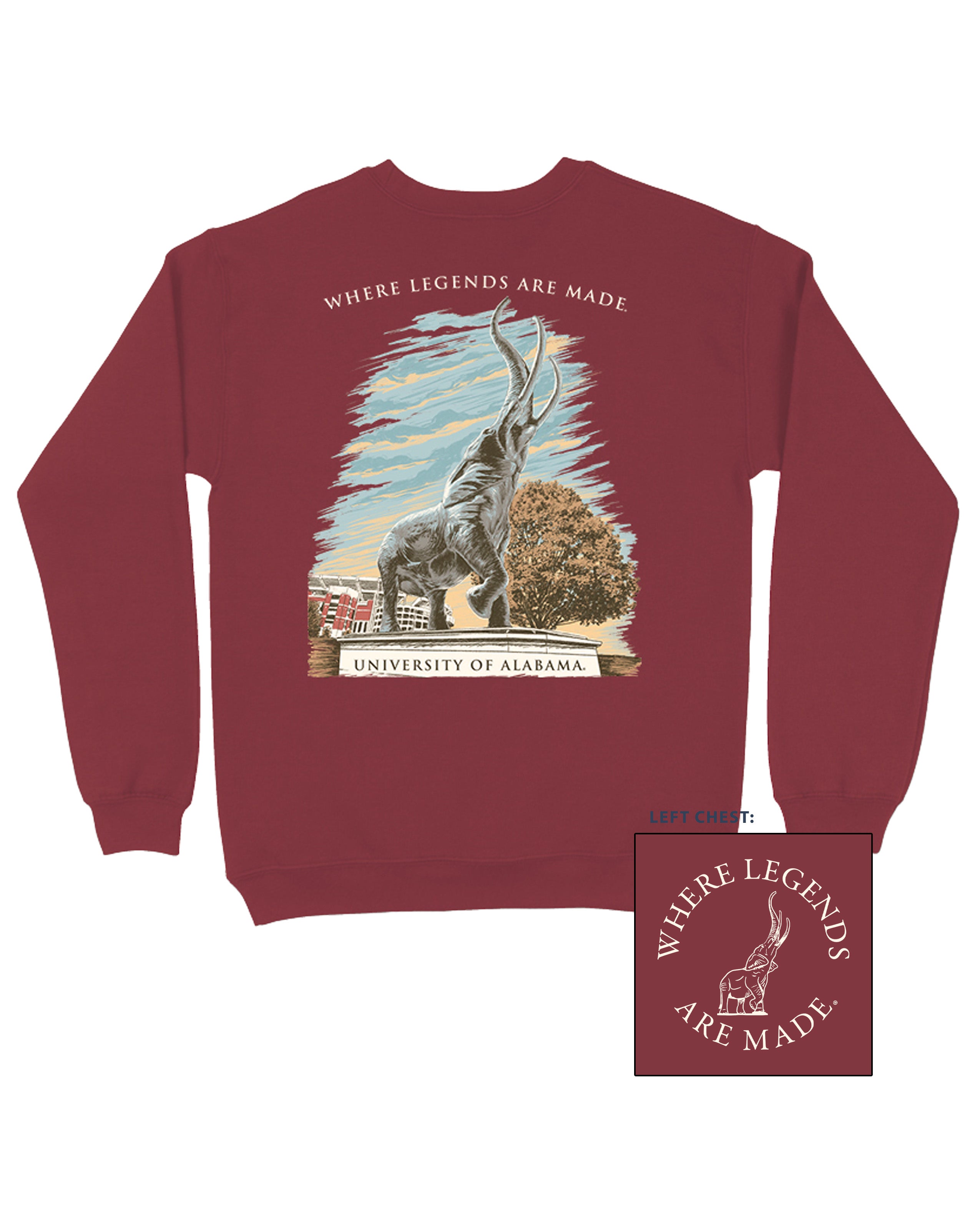 University of Alabama Red Sweatshirt with an image of the Tuska Statue underneath White text "Where Legends Are Made"