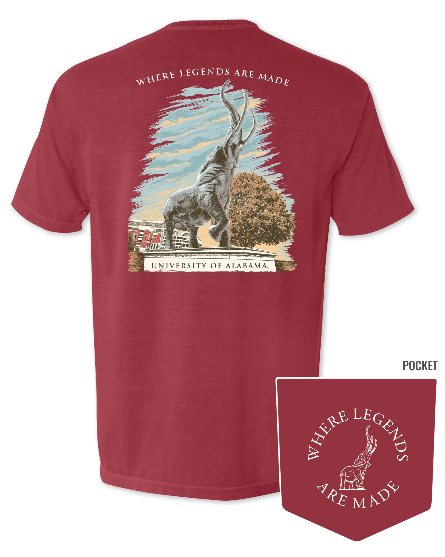 University of Alabama Red T-Shirt with an image of the Tuska Statue underneath White text "Where Legends Are Made"