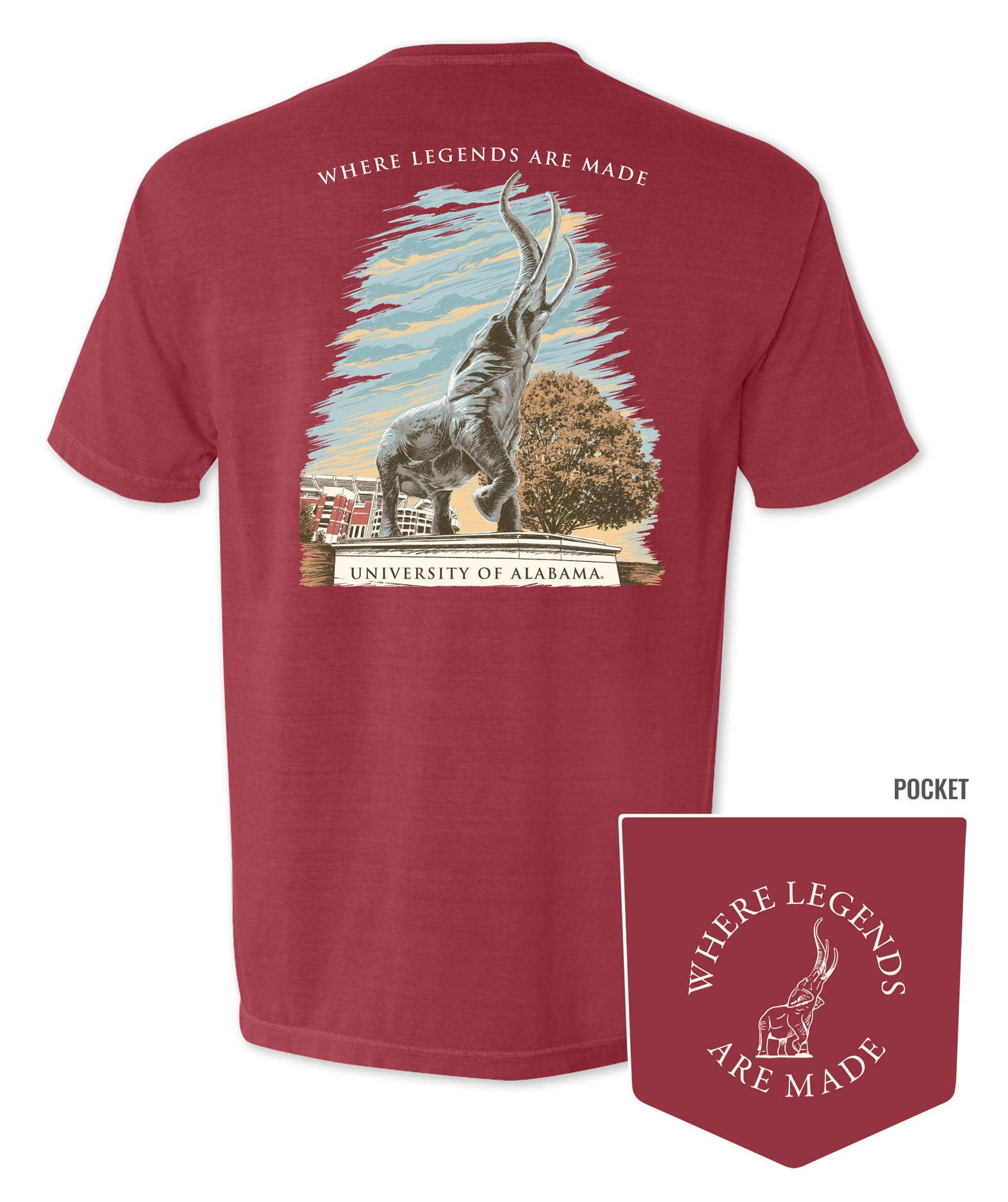 University of Alabama Red T-Shirt with an image of the Tuska Statue underneath White text "Where Legends Are Made"