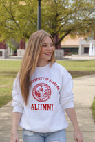 University of Alabama Light Grey Alumni Sweatshirt with Red text "University of Alabama" above the Red Alumni Seal and Red text "Alumni" below