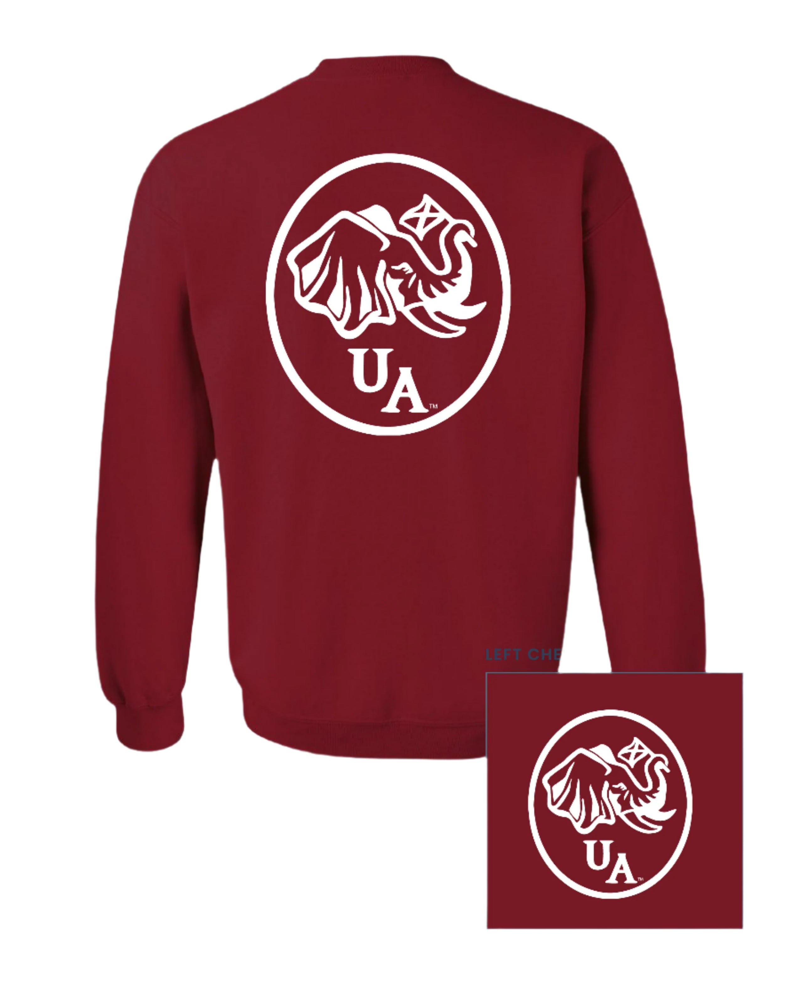 University of Alabama Red Elephant Seal Sweatshirt with an image of an elephant holding an Alabama State flag above he letters "UA"