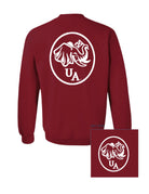 University of Alabama Red Elephant Seal Sweatshirt with an image of an elephant holding an Alabama State flag above he letters "UA"