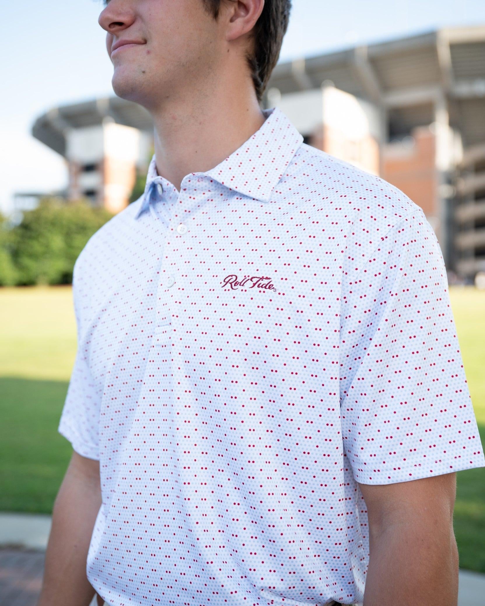 University of Alabama White Men's Dot Polo with a pattern of Light Blue and Red dots and Red script "Roll Tide" embroidery