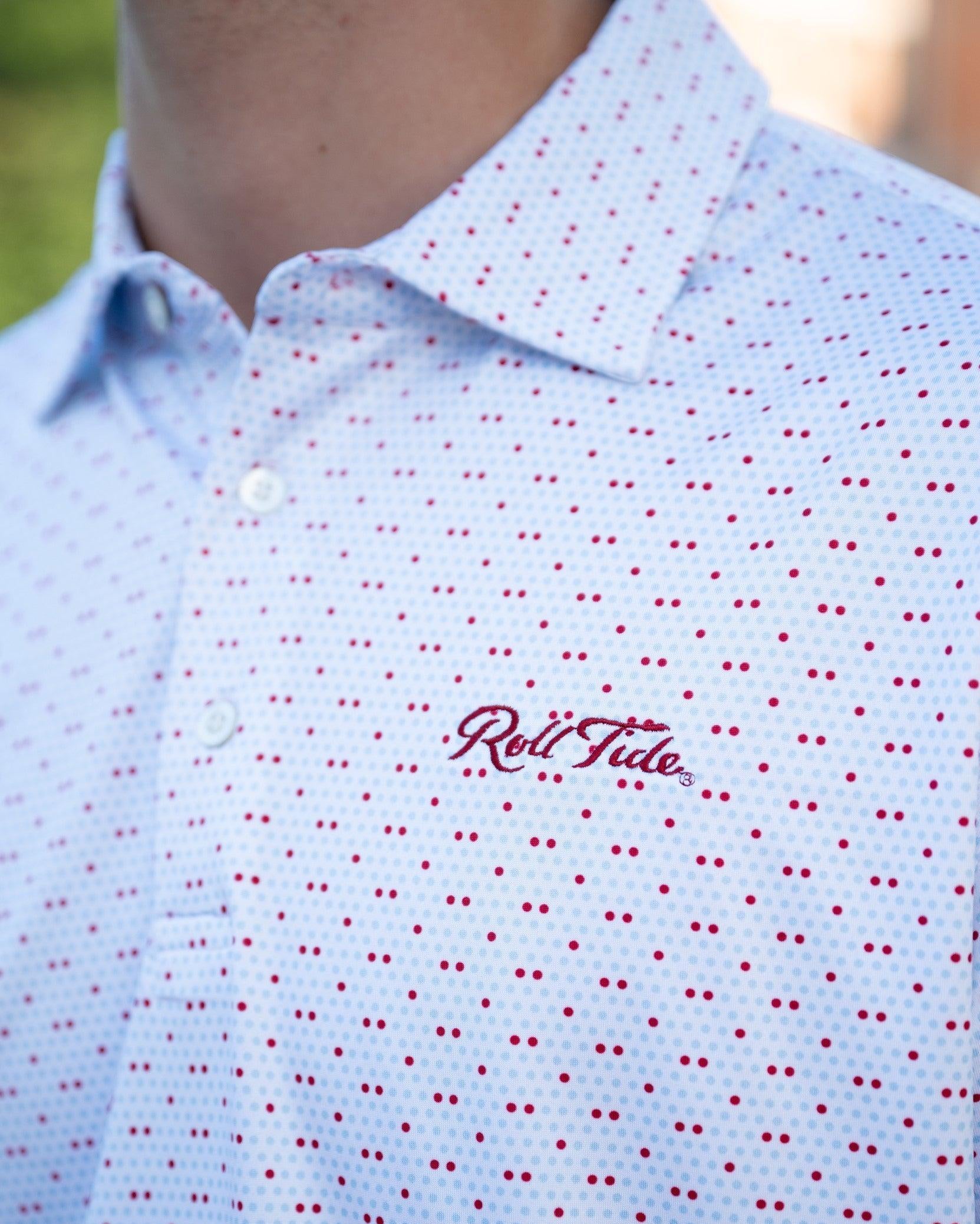 University of Alabama White Men's Dot Polo with a pattern of Light Blue and Red dots and Red script "Roll Tide" embroidery