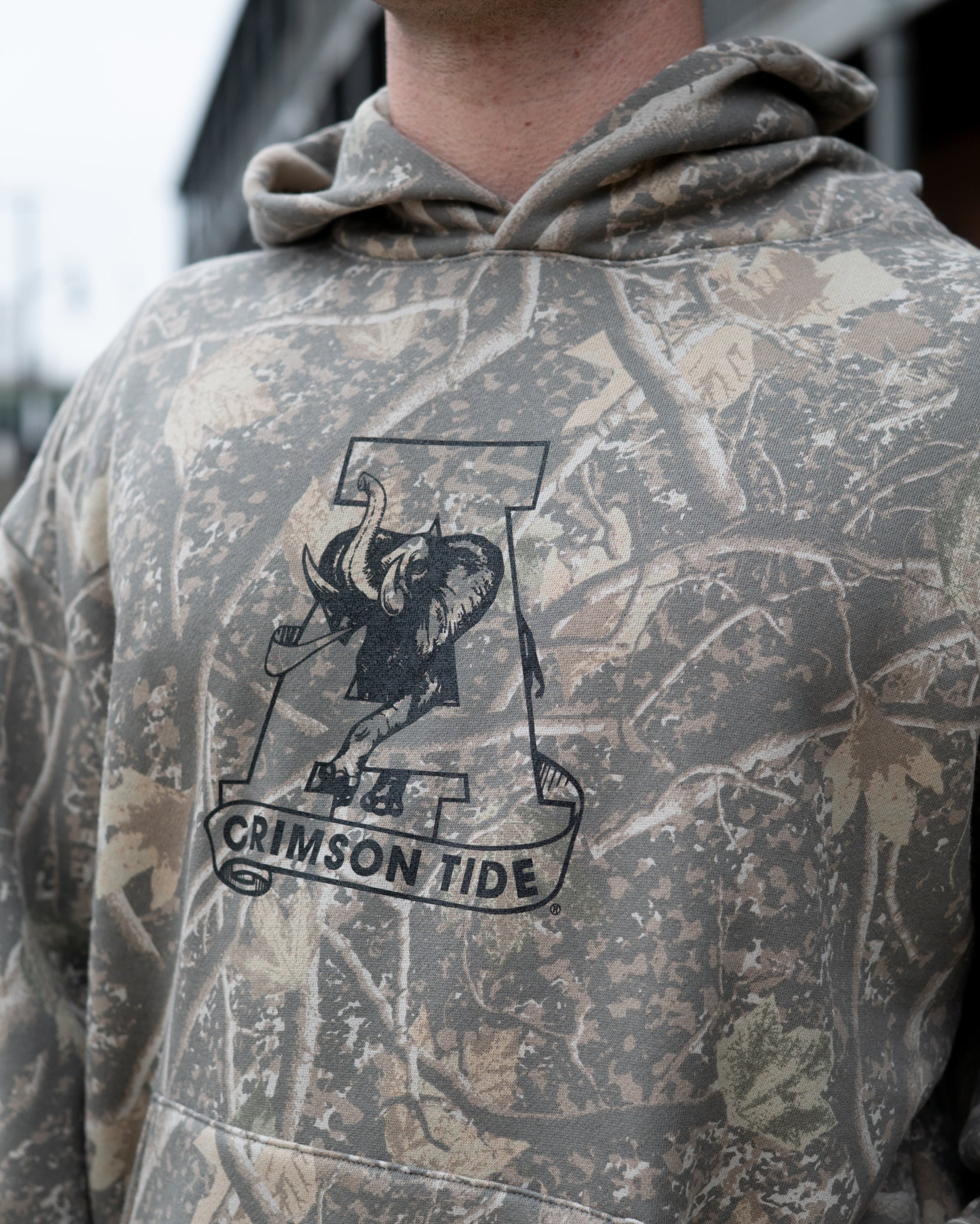 University of Alabama Camo Hoodie with Black print of the Vault A Logo
