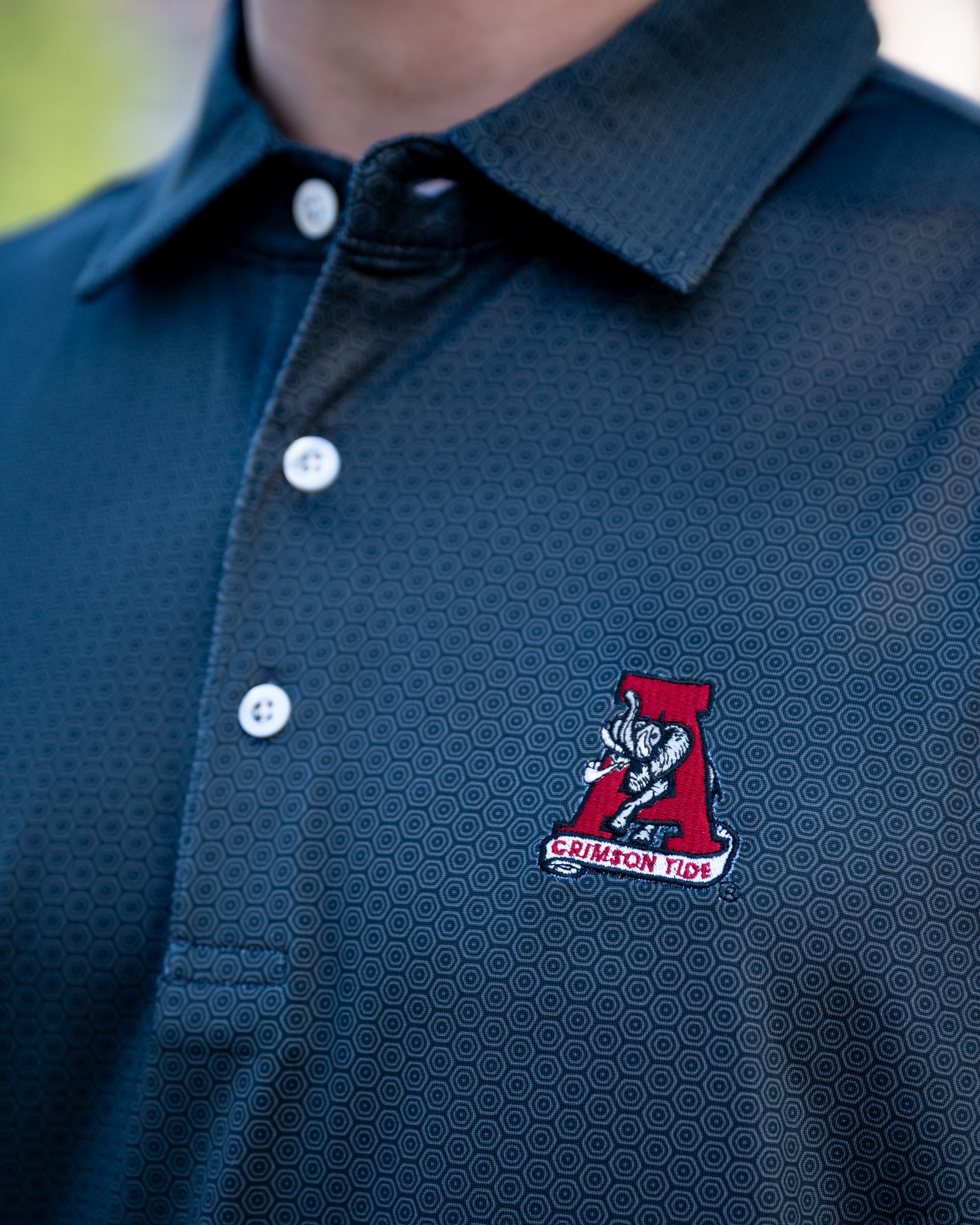 University of Alabama Navy Men's Hex Polo with Vintage A Logo embroidery