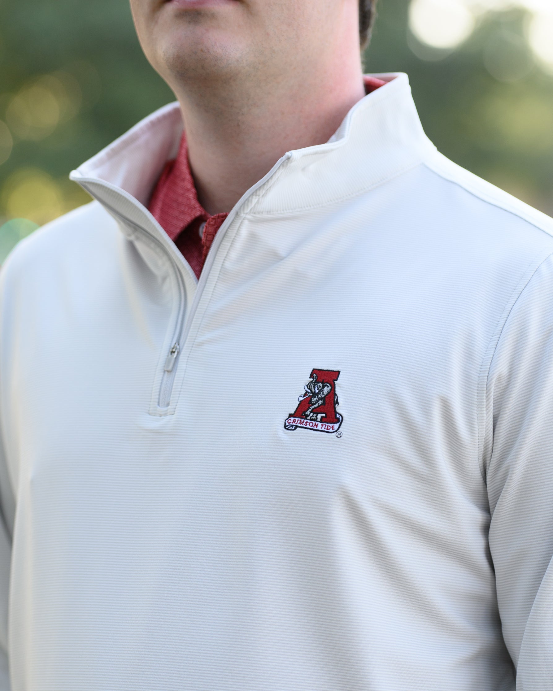 University of Alabama Grey Men's Stripe 1/4 Zip with Vintage A Logo embroidery on the chest