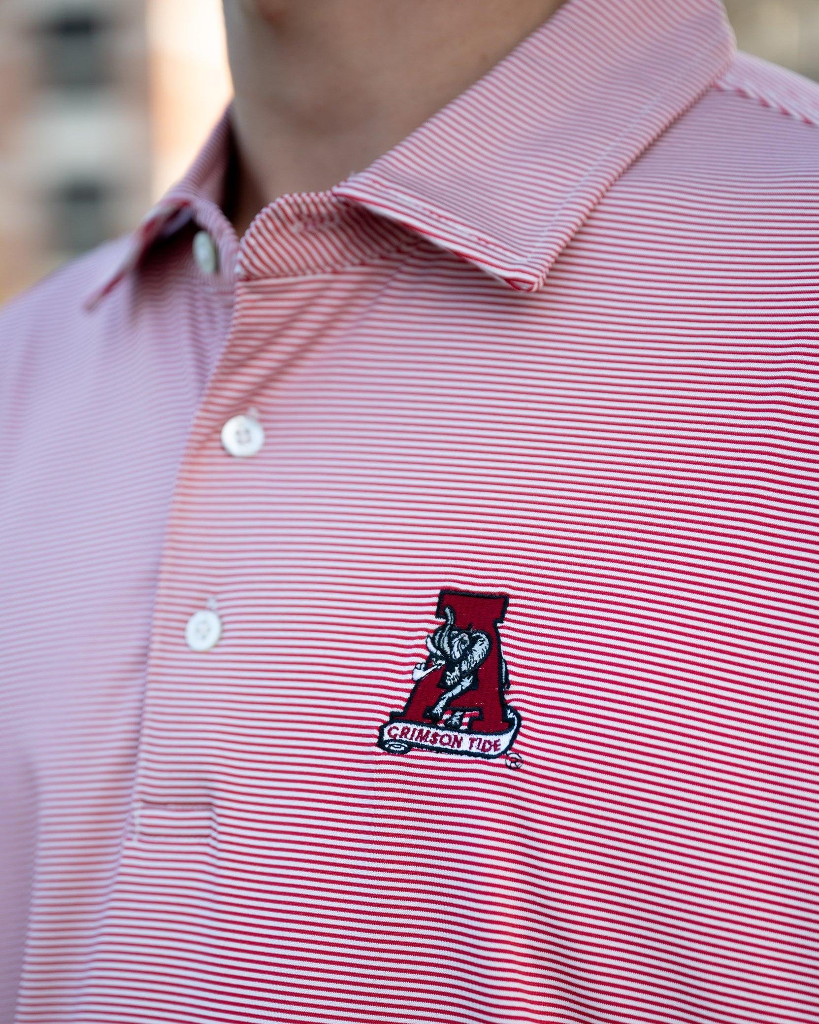 University of Alabama Crimson Men's Stripe Polo with an embroidered Vintage A Logo