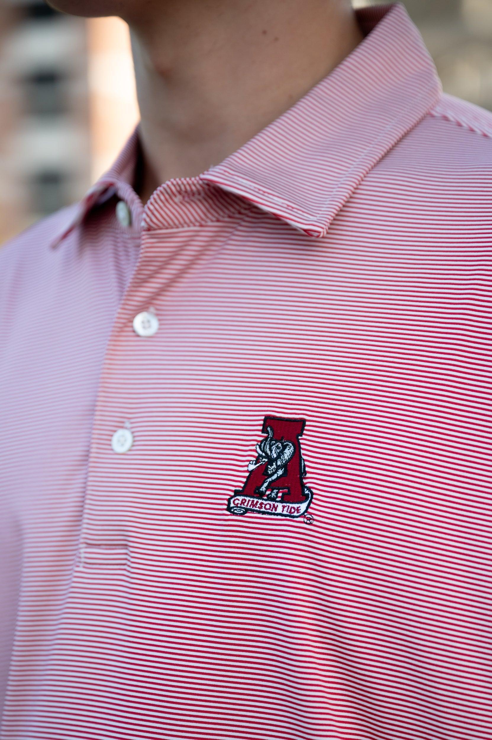 University of Alabama Crimson Men's Stripe Polo with an embroidered Vintage A Logo