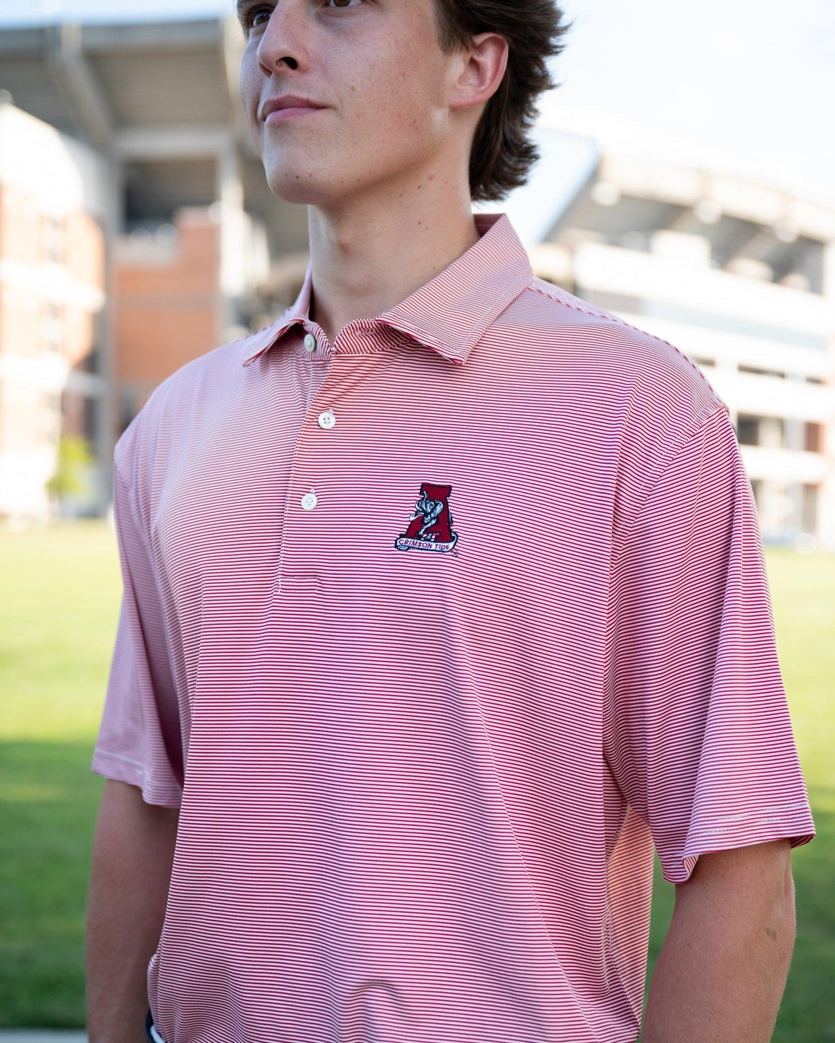 University of Alabama Crimson Men's Stripe Polo with an embroidered Vintage A Logo