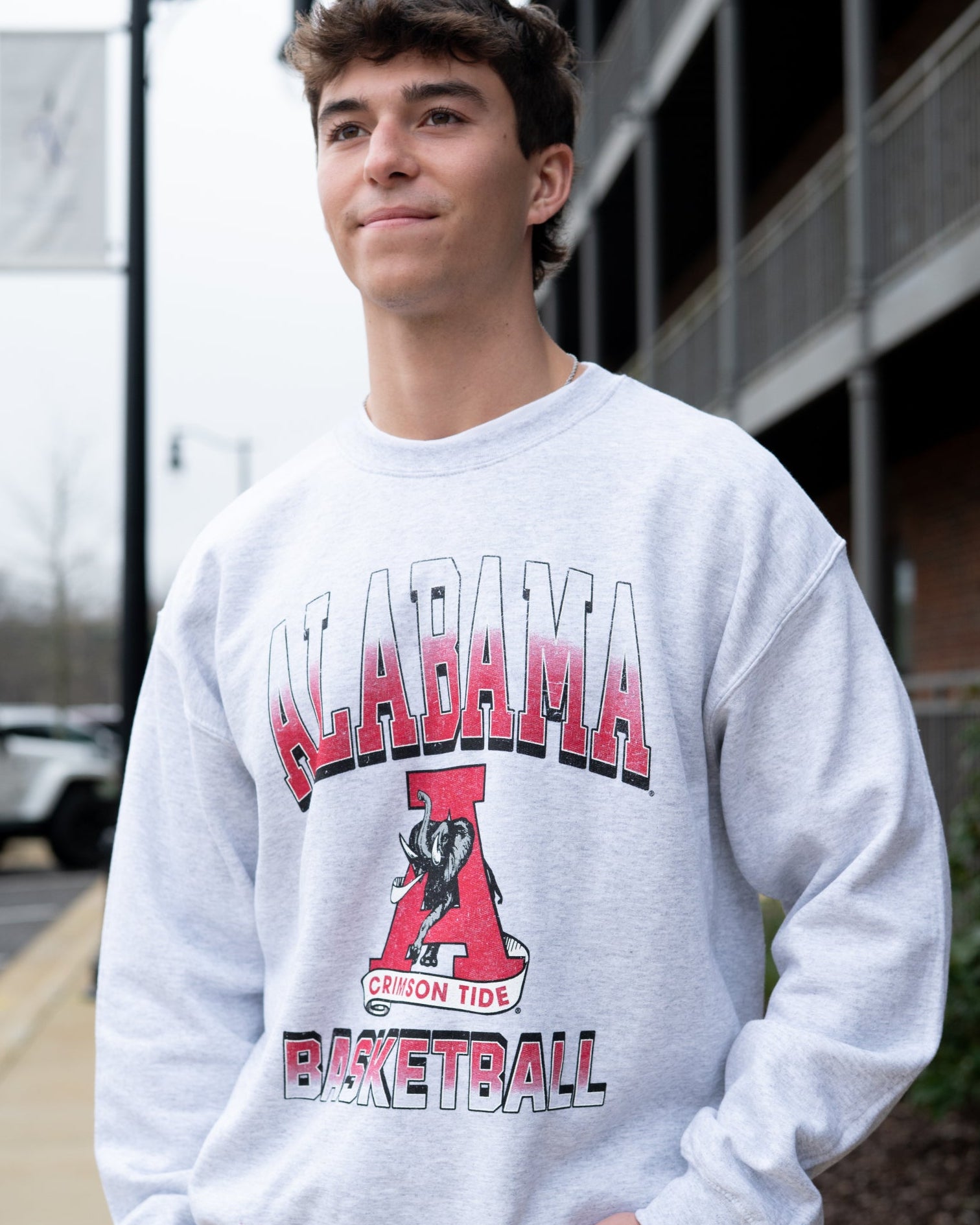 University of Alabama Light Grey Sweatshirt with the Vintage A logo between text "Alabama Basketball"