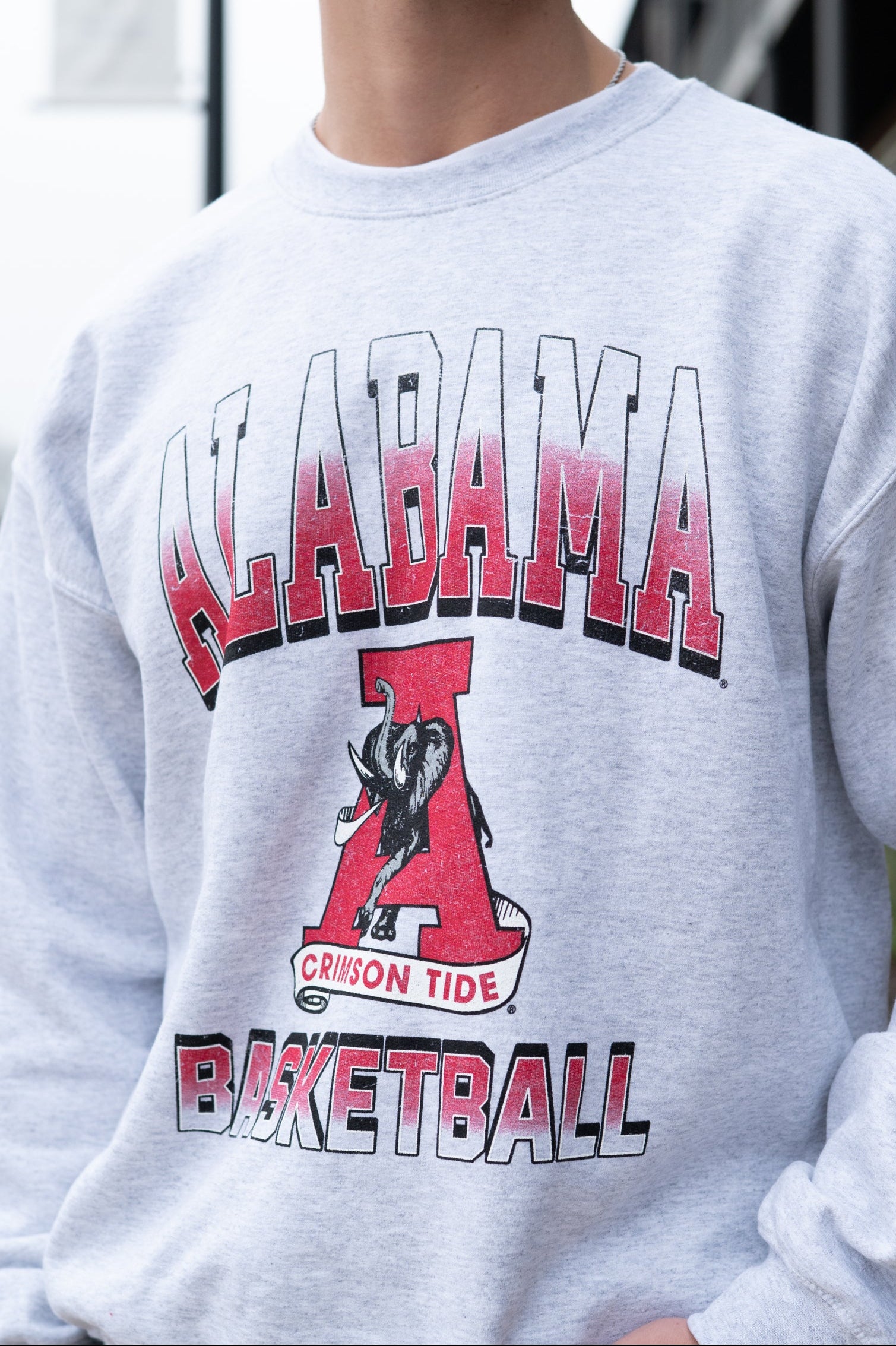University of Alabama Light Grey Sweatshirt with the Vintage A logo between text "Alabama Basketball"