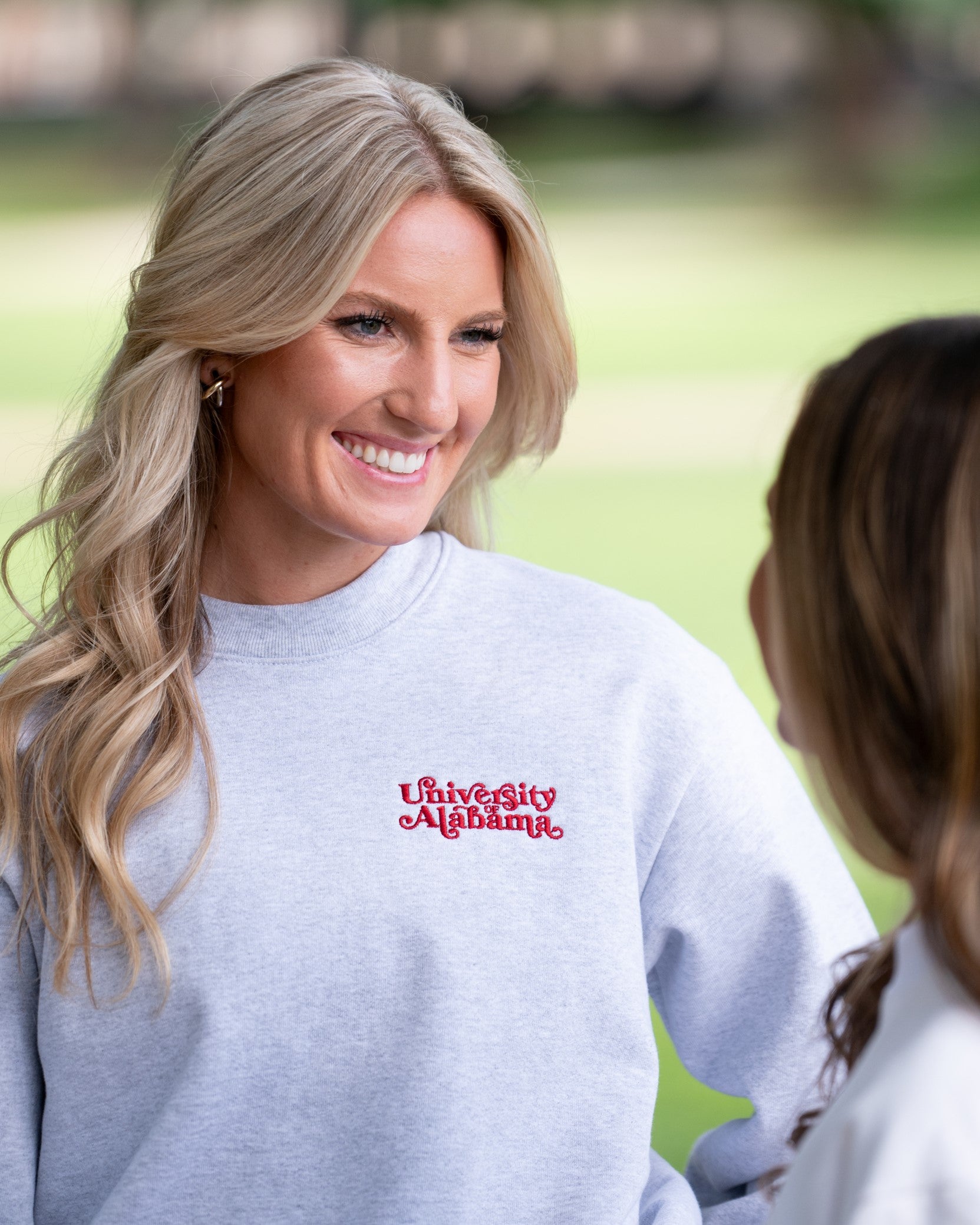 University of Alabama Grey Ladies' Crewneck with Red "University of Alabama" embroidery