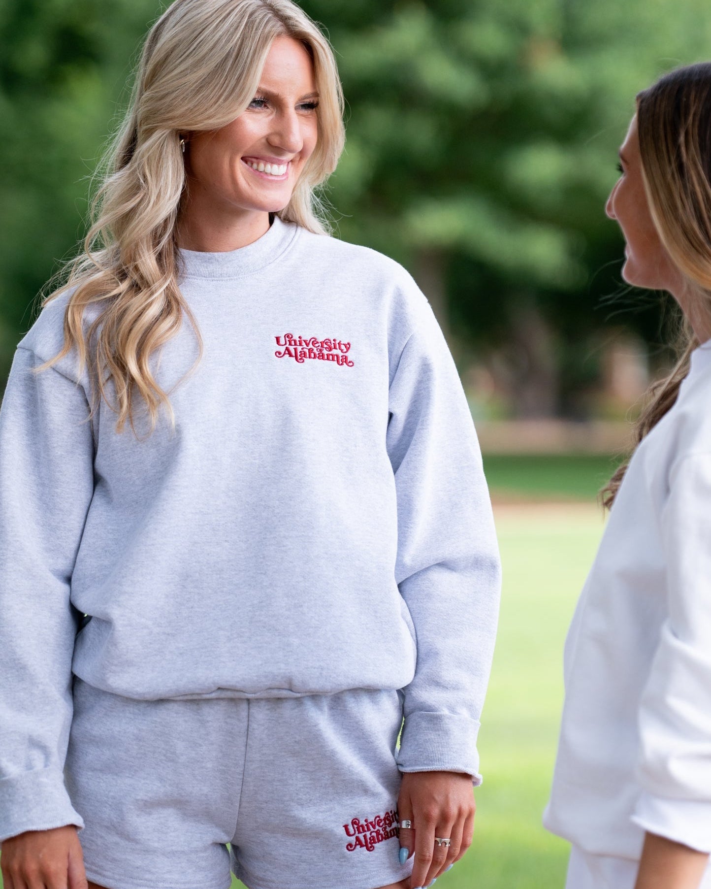 University of Alabama Grey Ladies' Crewneck with Red "University of Alabama" embroidery