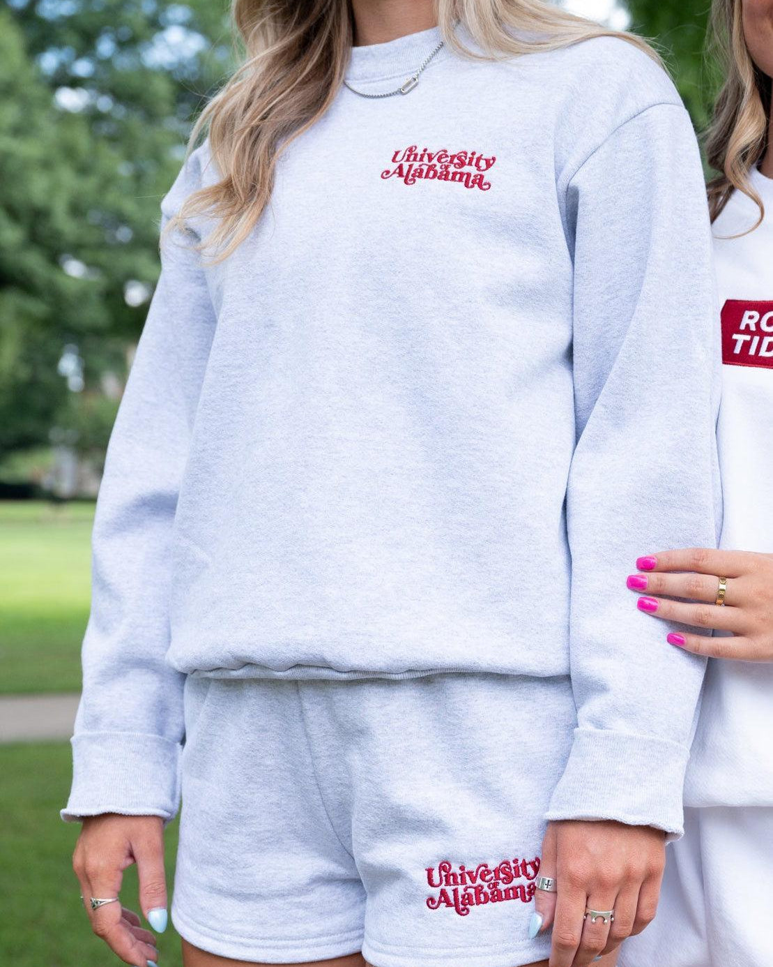 University of Alabama Grey Ladies' Crewneck with Red "University of Alabama" embroidery