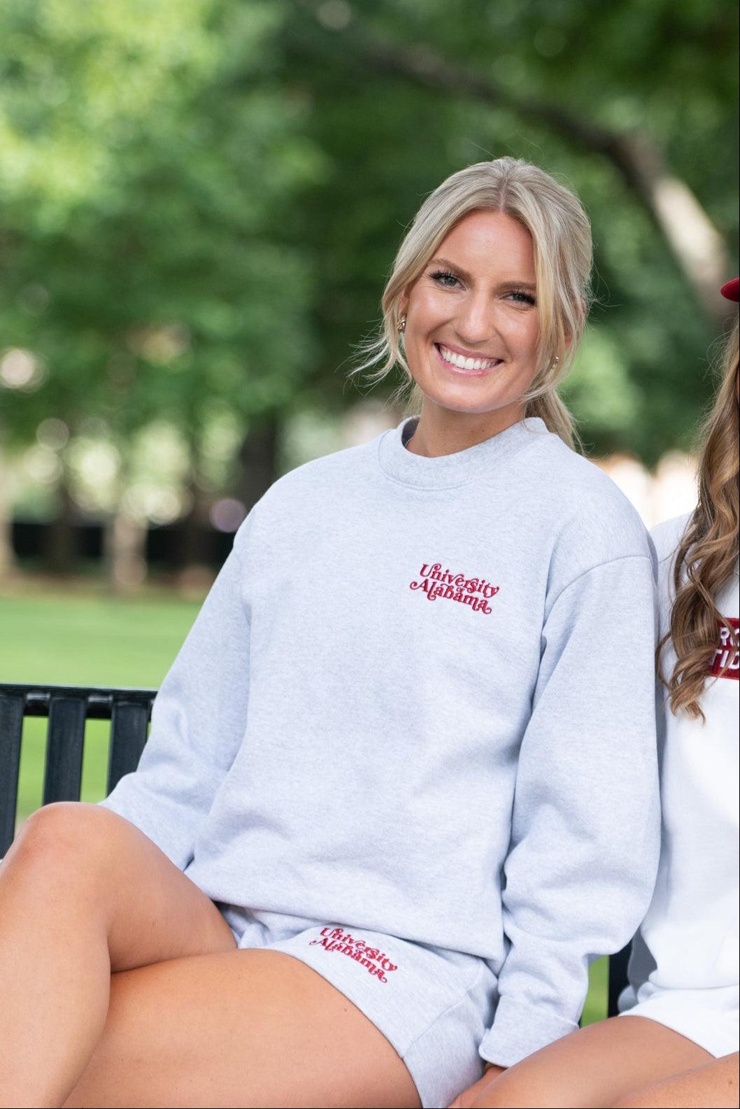 University of Alabama Grey Ladies' Crewneck with Red "University of Alabama" embroidery