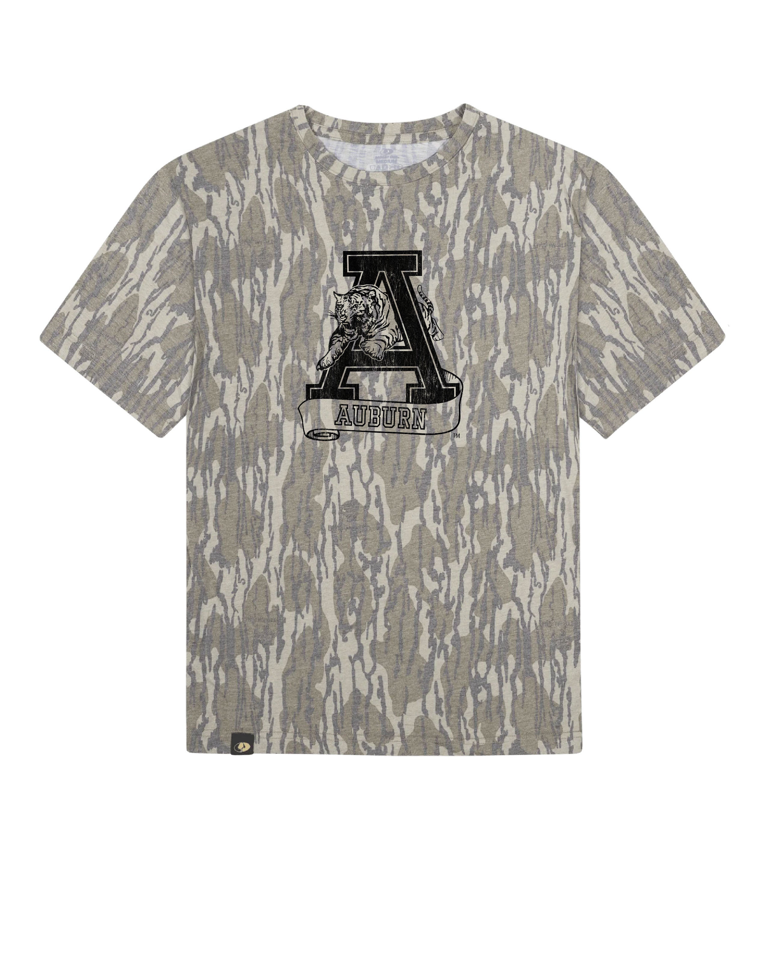 Auburn University Bottomland Camo Tee with a distressed Black print of the Leaping Tiger logo