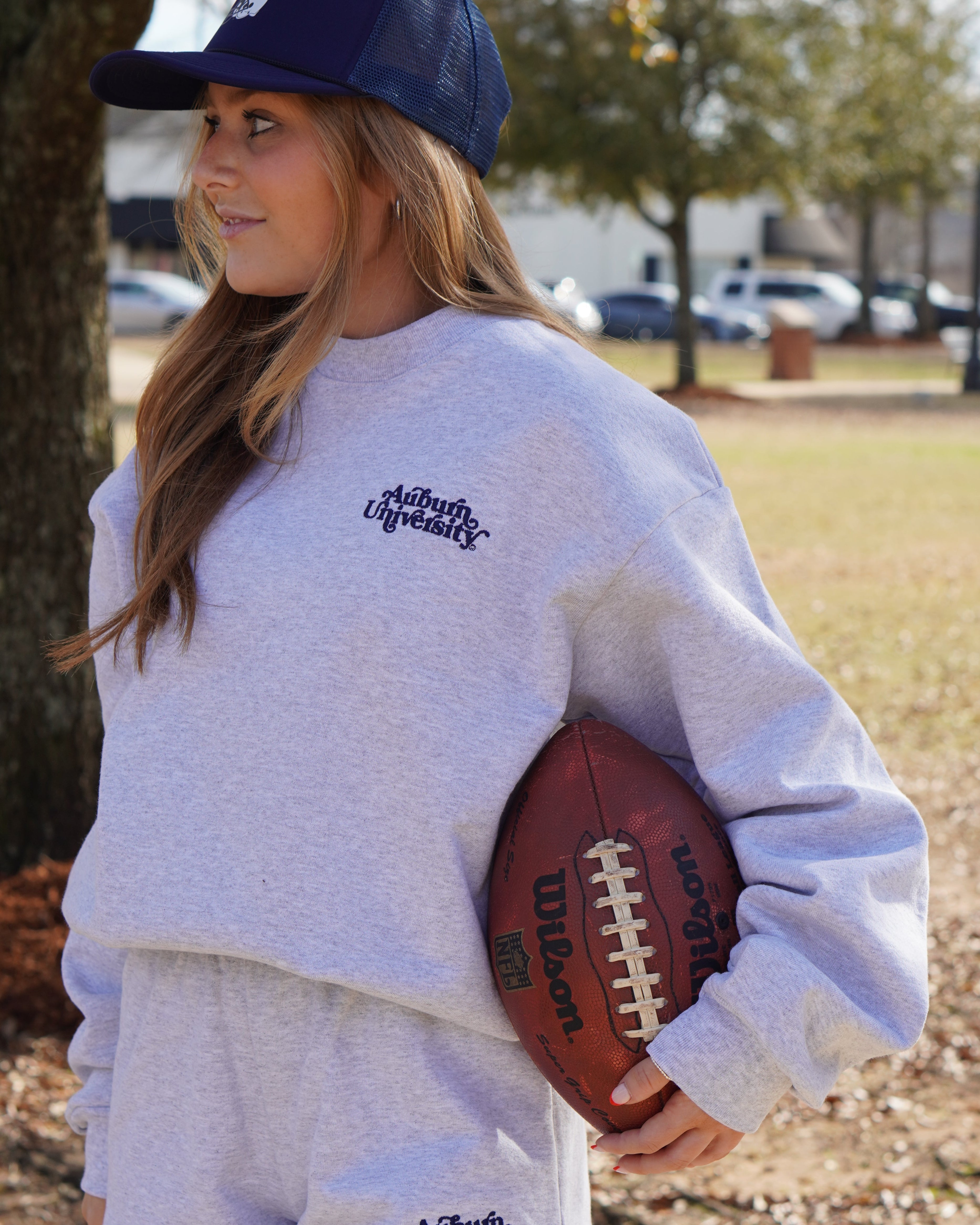 Auburn University Grey Ladies’ Crewneck with Navy "Auburn University" embroidery