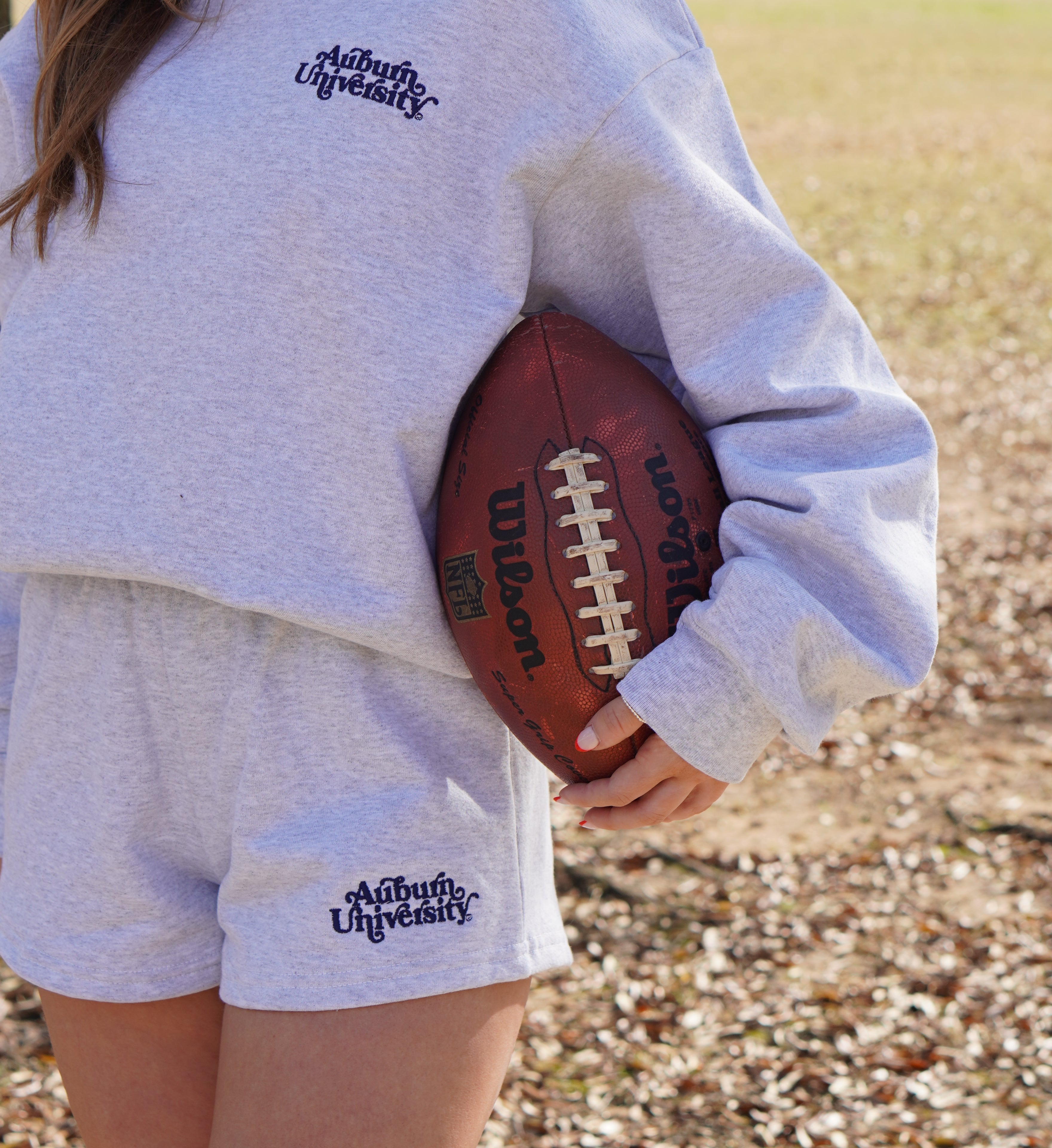 Auburn University Grey Ladies’ Crewneck with Navy "Auburn University" embroidery