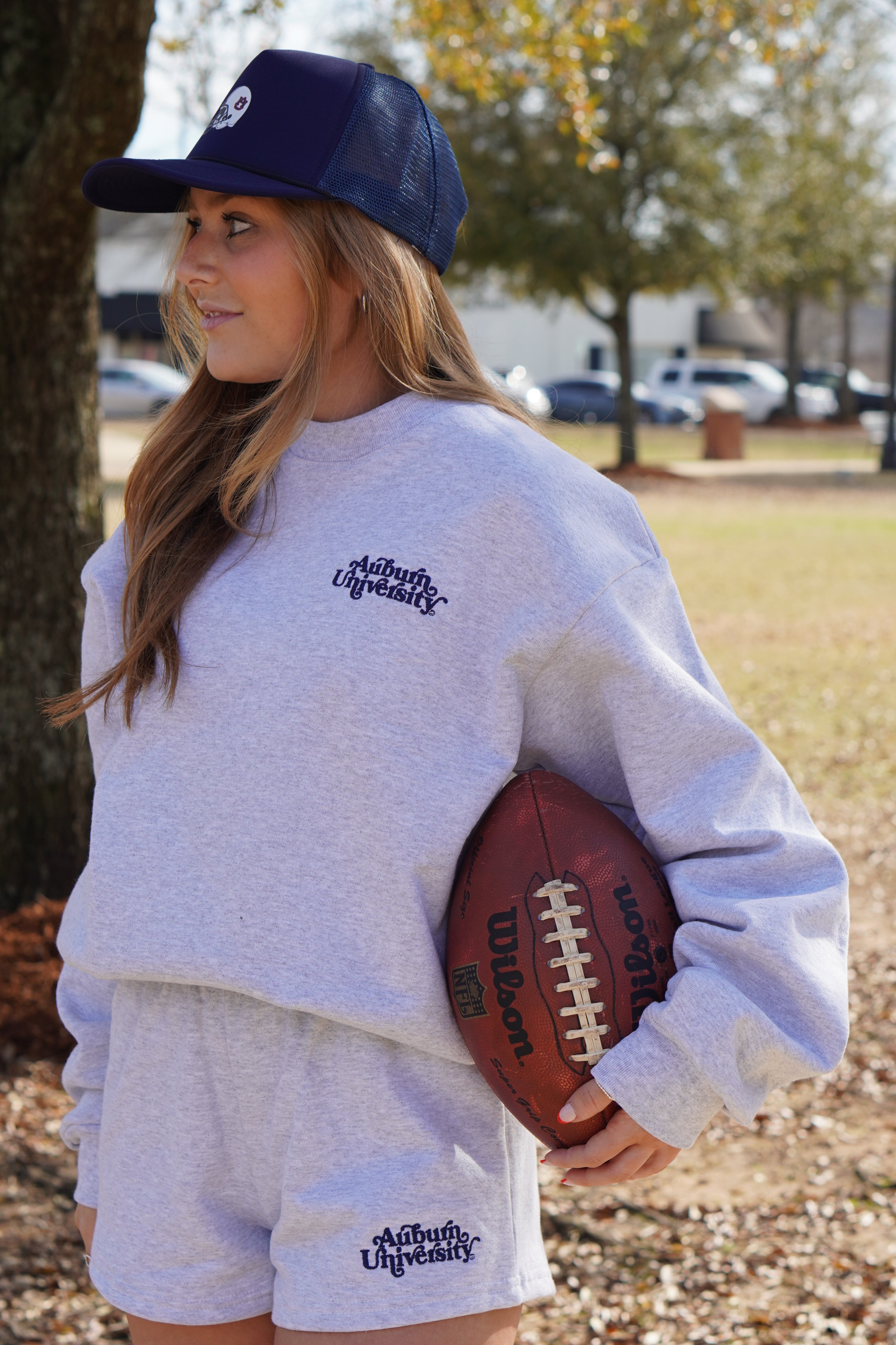 Auburn University Grey Ladies’ Crewneck with Navy "Auburn University" embroidery
