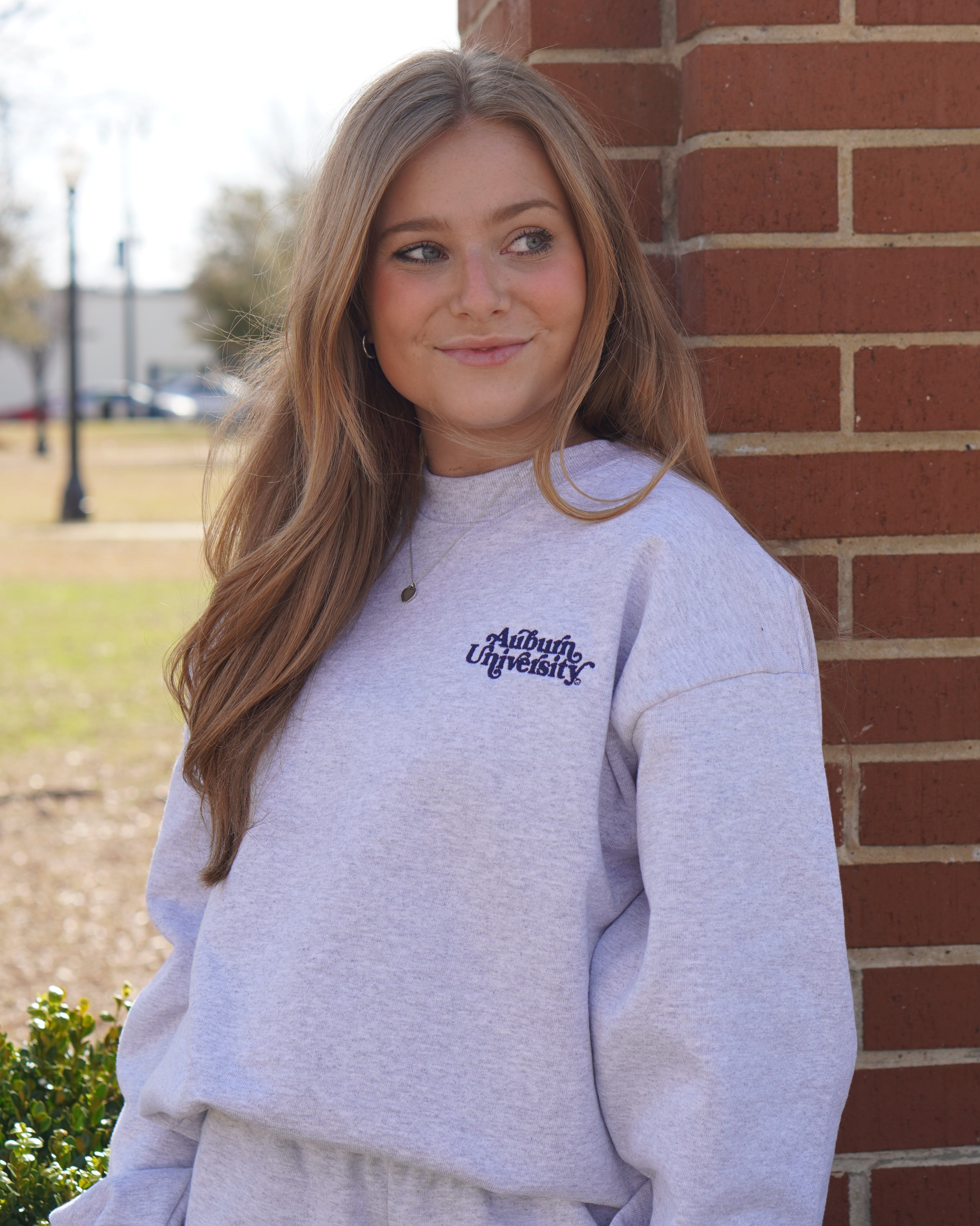 Auburn University Grey Ladies’ Crewneck with Navy "Auburn University" embroidery