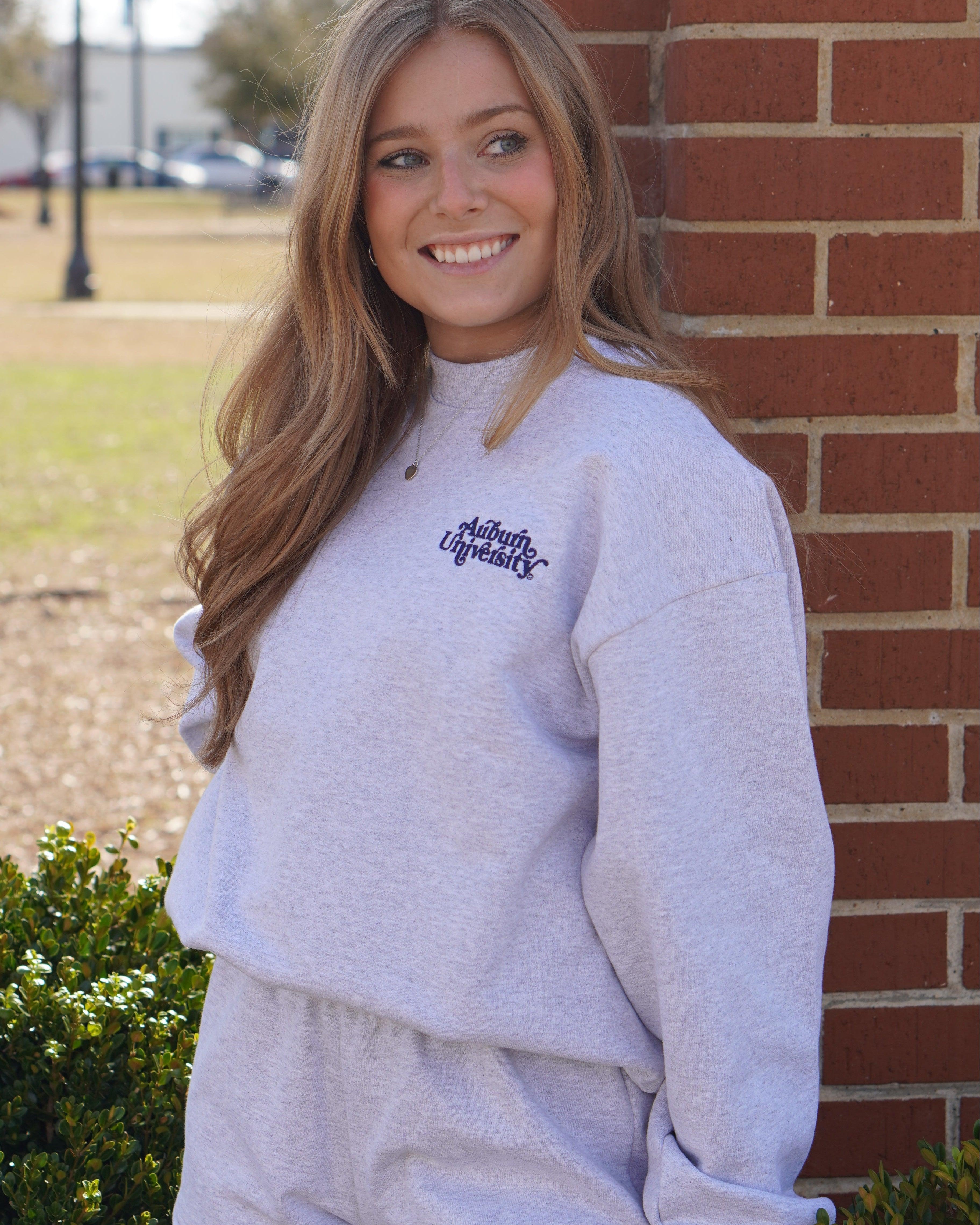 Auburn University Grey Ladies’ Crewneck with Navy "Auburn University" embroidery