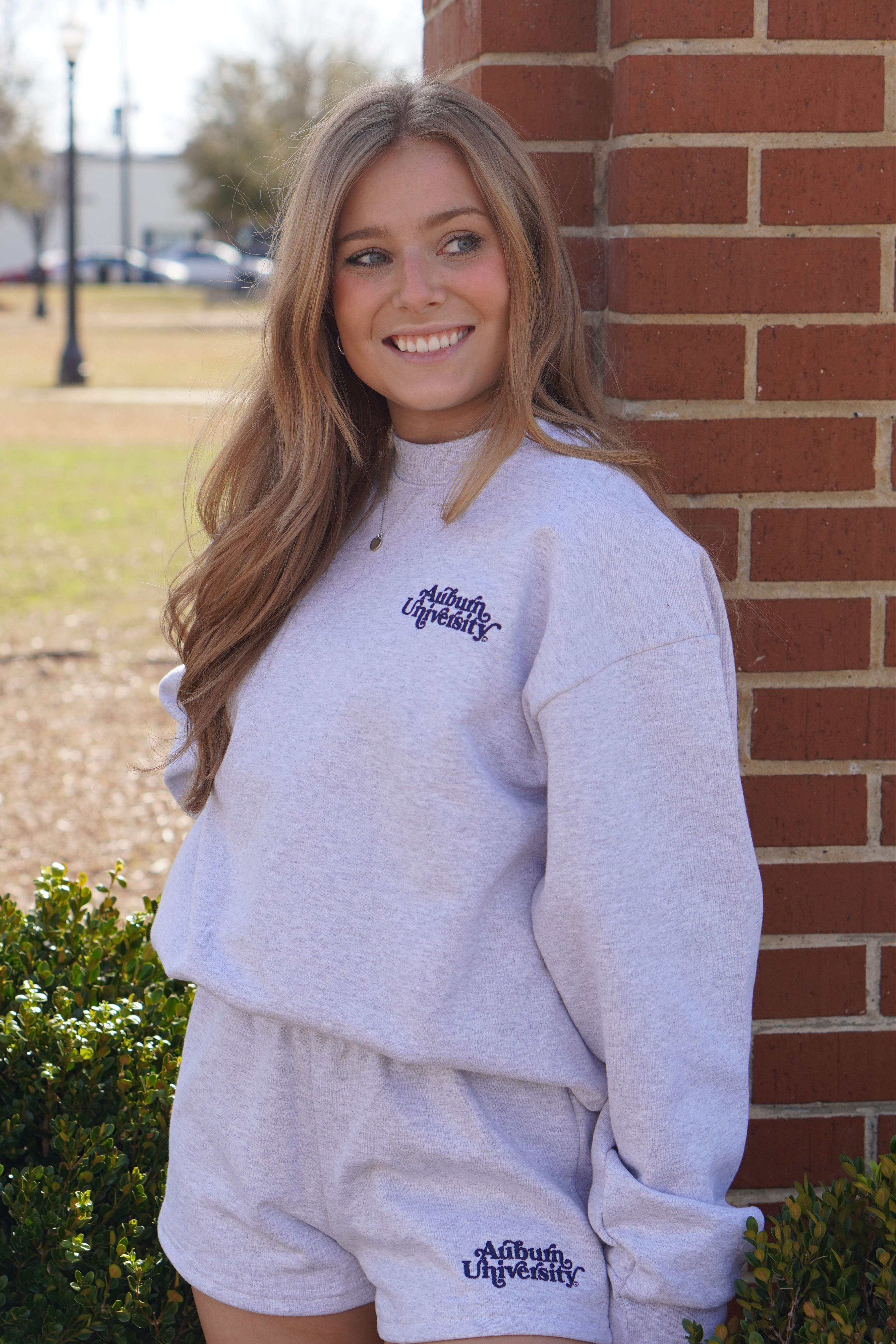 Auburn University Grey Ladies’ Crewneck with Navy "Auburn University" embroidery