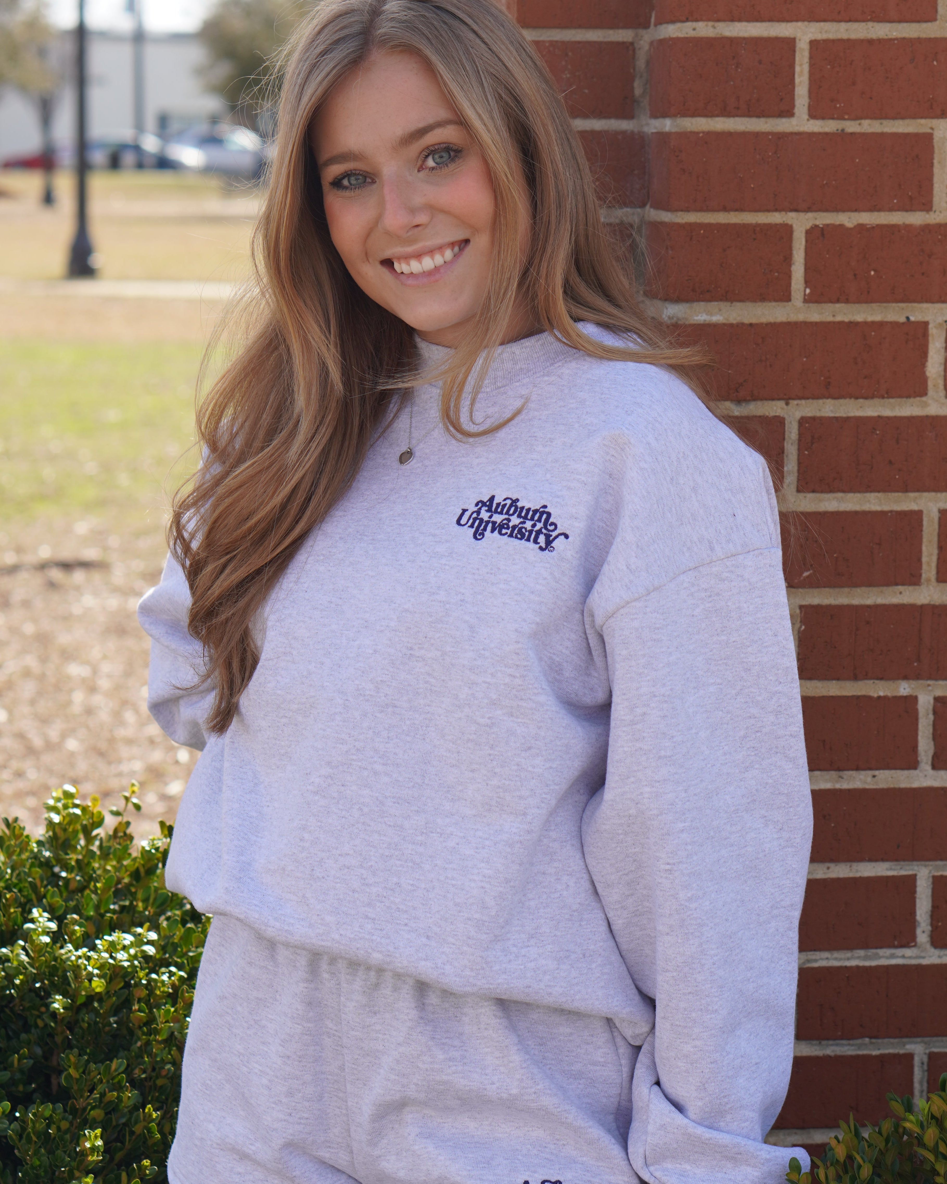 Auburn University Grey Ladies’ Crewneck with Navy "Auburn University" embroidery