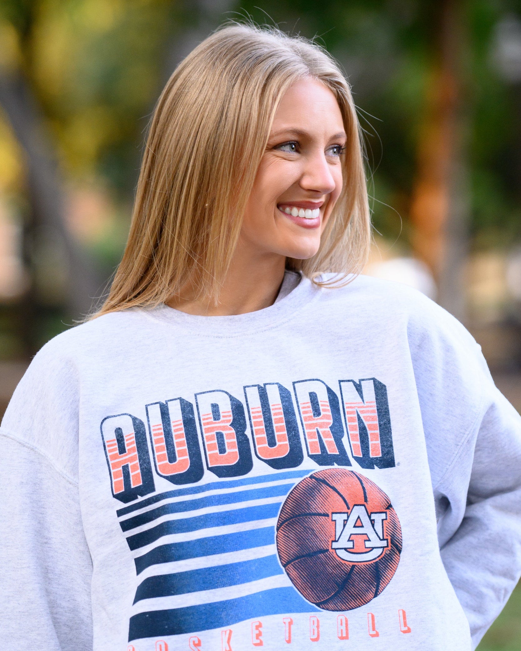 Auburn University Grey Ladies’ Crewneck with Navy "Auburn University" embroidery