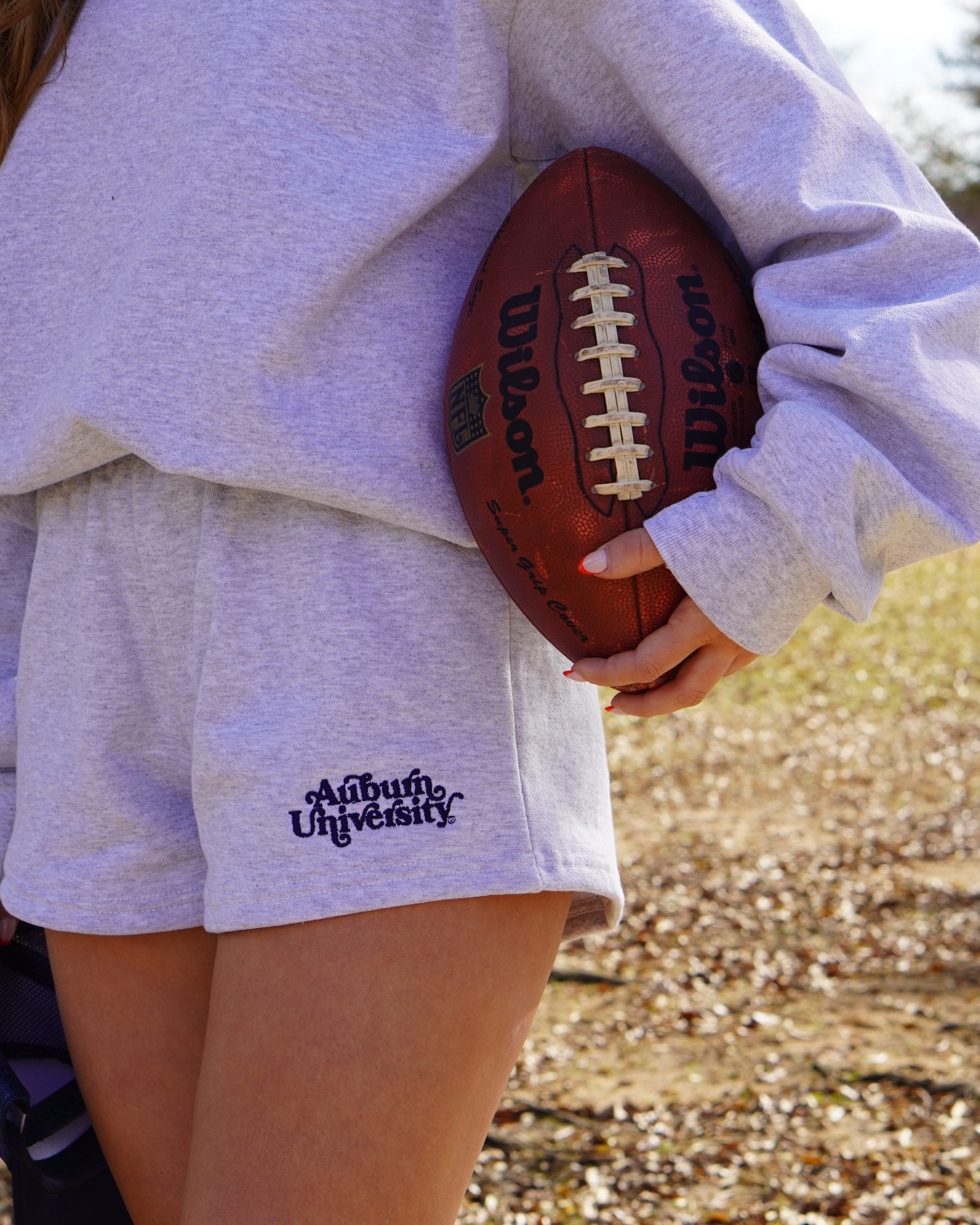 Auburn University Grey Ladies’ Shorts with Navy "Auburn University" embroidery