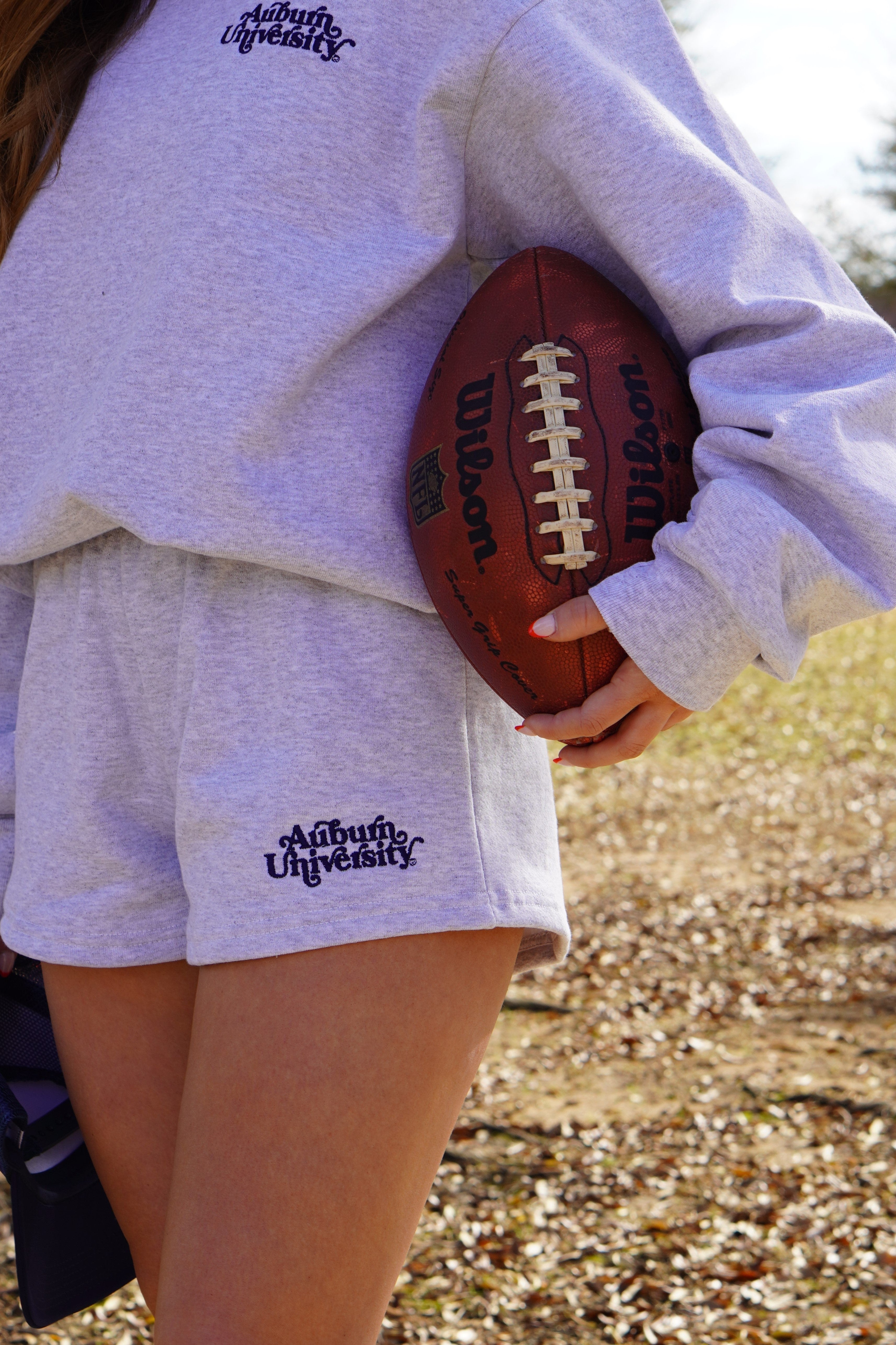 Auburn University Grey Ladies’ Shorts with Navy "Auburn University" embroidery