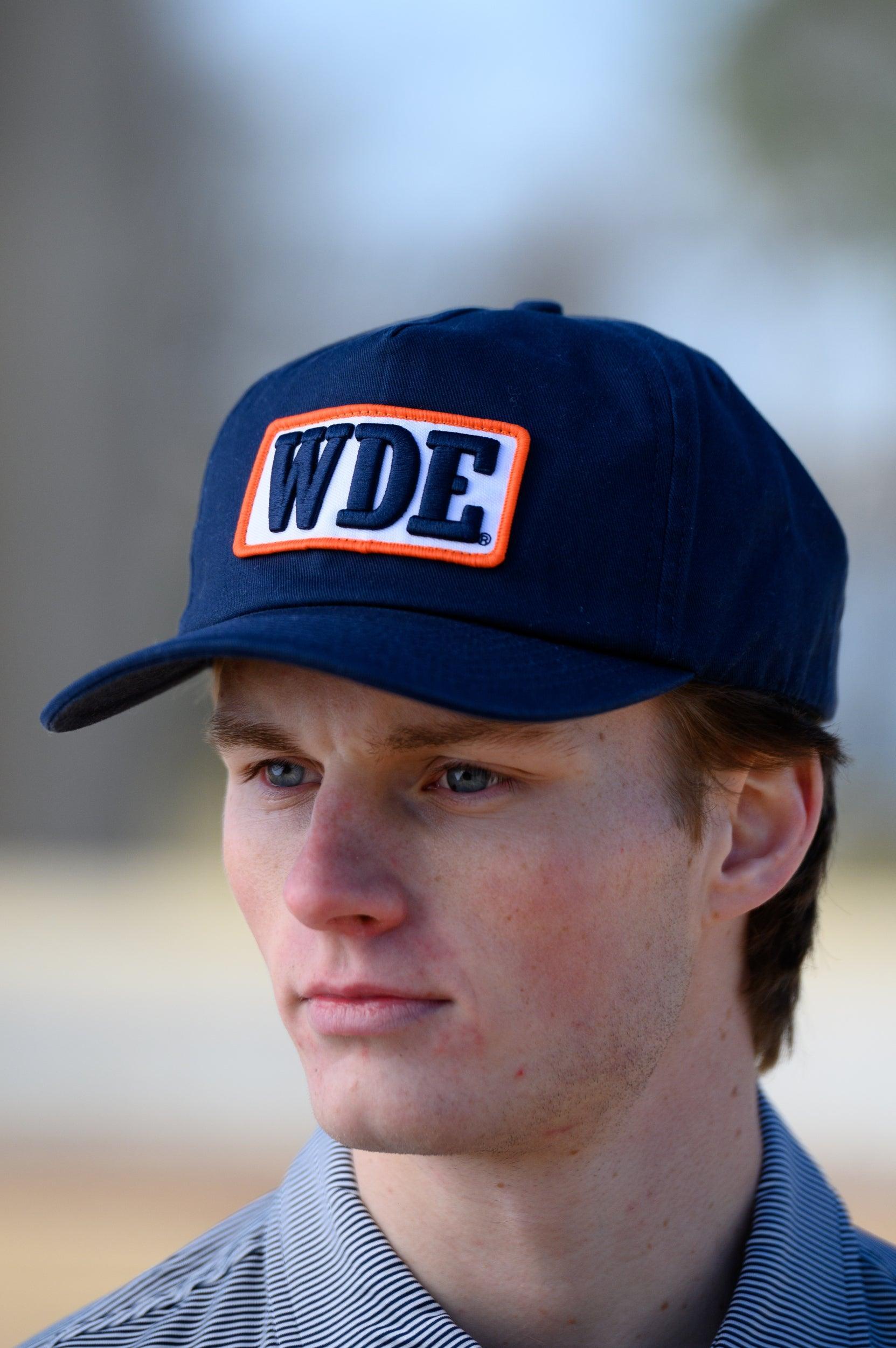 Auburn University Blue Snapback Hat featuring a White patch with Navy letters "WDE"