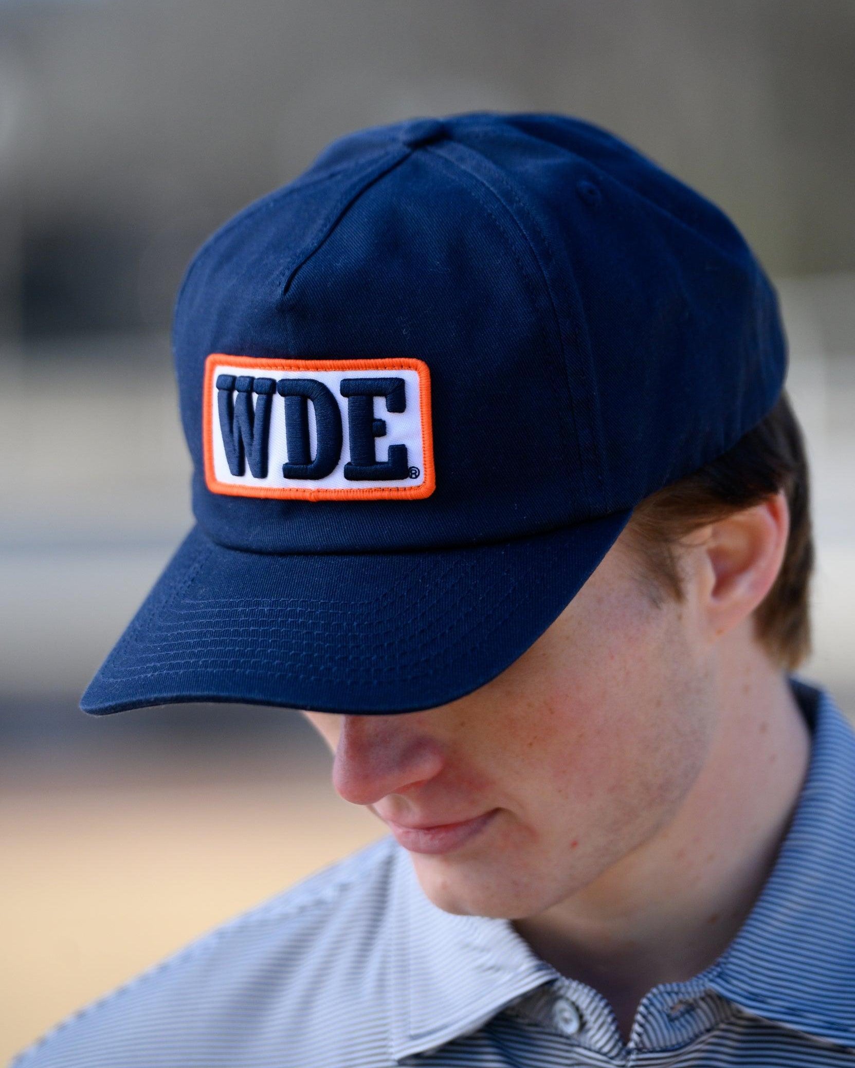Auburn University Blue Snapback Hat featuring a White patch with Navy letters "WDE"