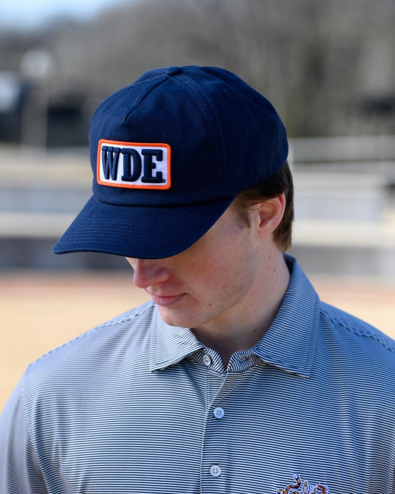 Auburn University Blue Snapback Hat featuring a White patch with Navy letters "WDE"