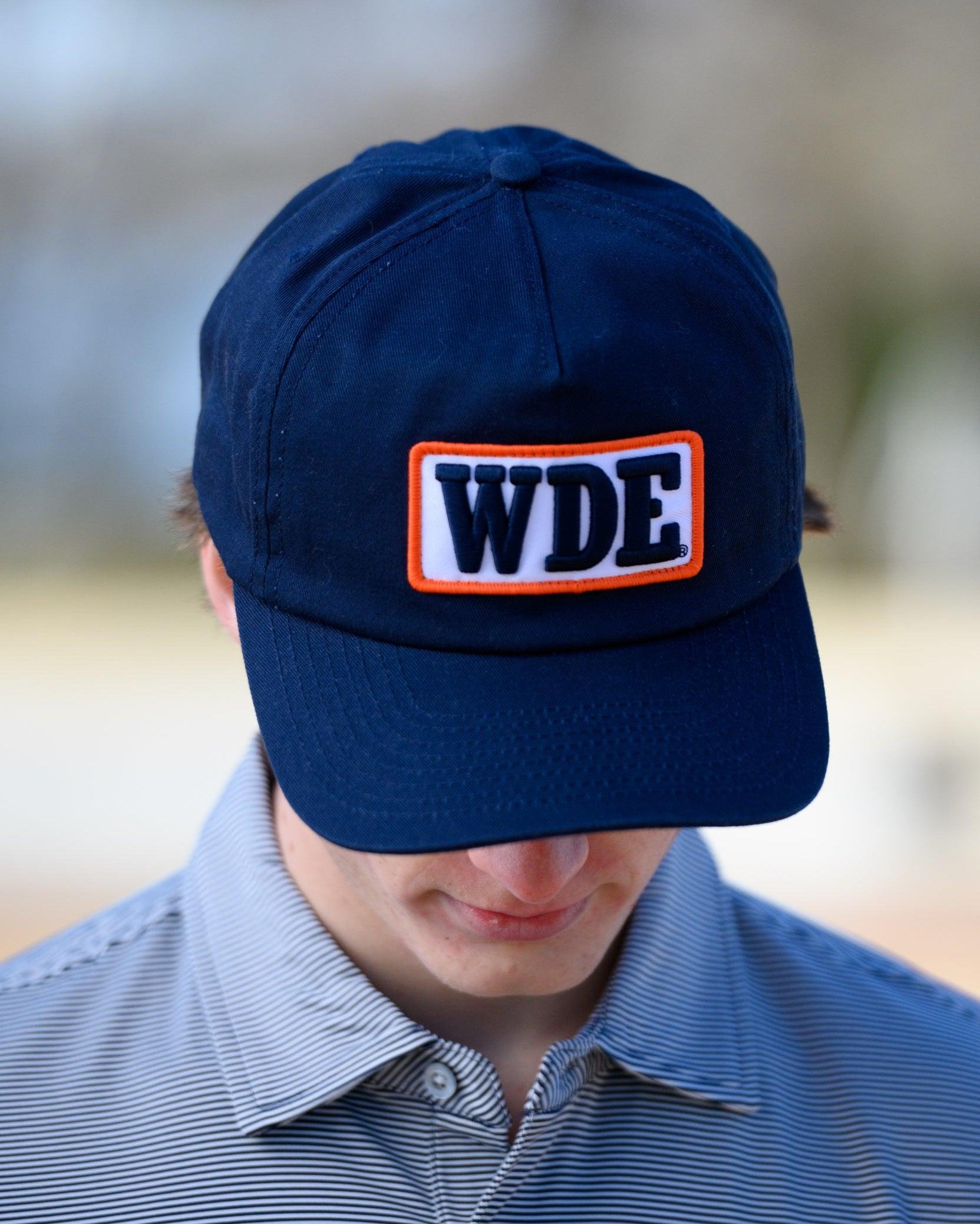 Auburn University Blue Snapback Hat featuring a White patch with Navy letters "WDE"