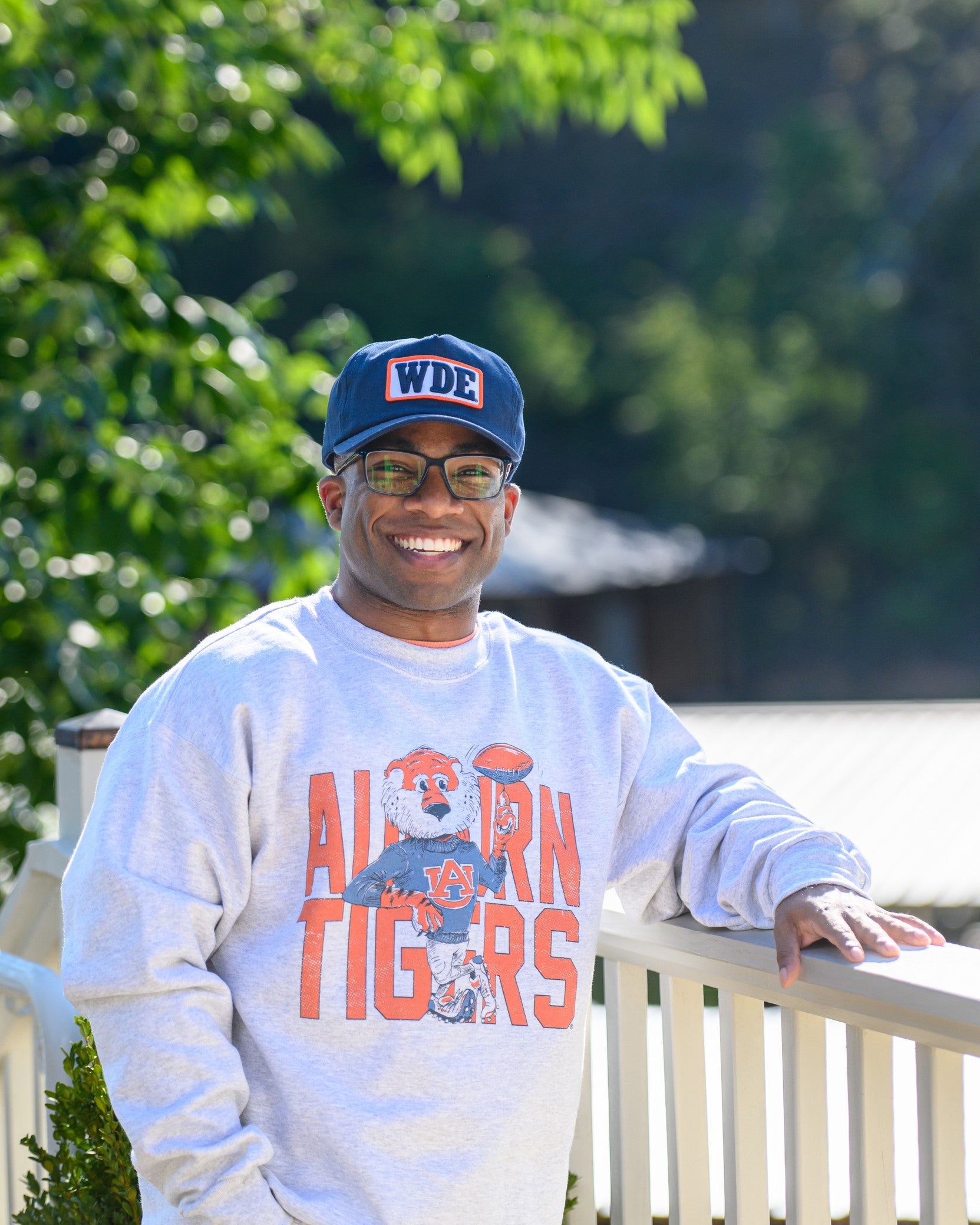 Auburn University Blue Snapback Hat featuring a White patch with Navy letters "WDE"