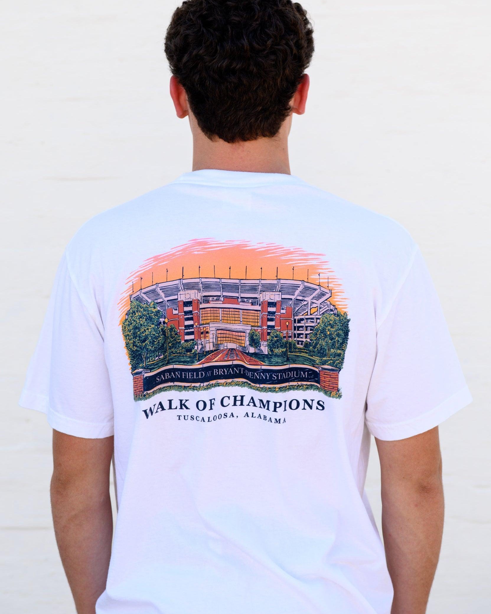 University of Alabama White T-Shirt with and image of the Walk of Champions at Bryant-Denny Stadium