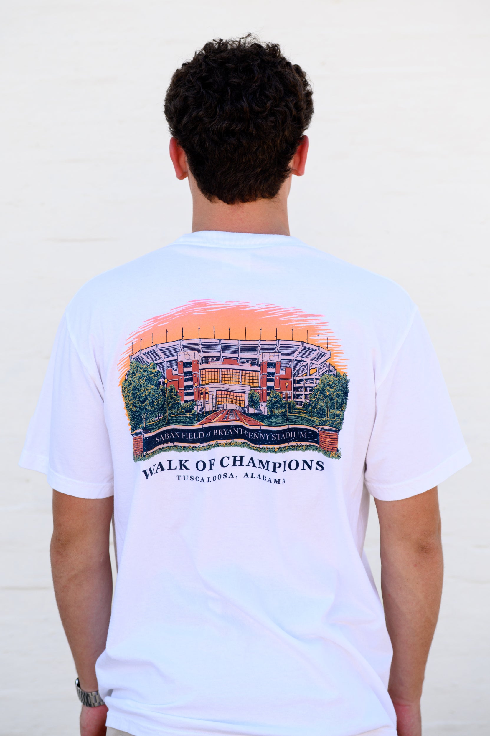 University of Alabama White T-Shirt with and image of the Walk of Champions at Bryant-Denny Stadium