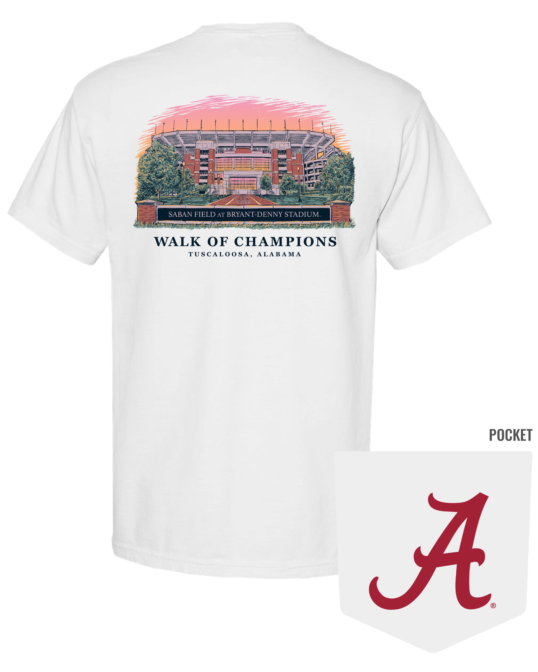 University of Alabama White T-Shirt with and image of the Walk of Champions at Bryant-Denny Stadium