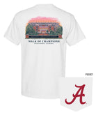 University of Alabama White T-Shirt with and image of the Walk of Champions at Bryant-Denny Stadium