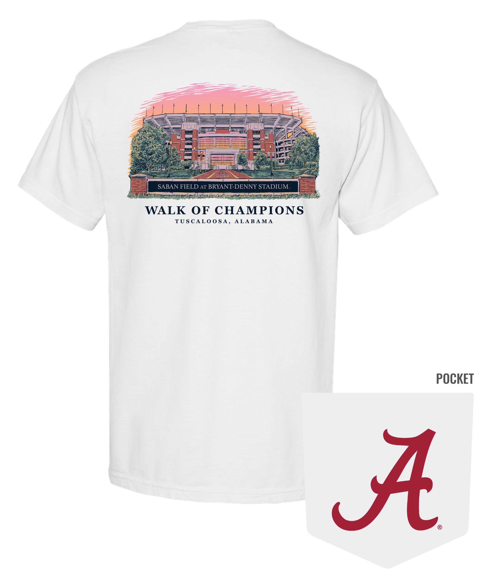 University of Alabama White T-Shirt with and image of the Walk of Champions at Bryant-Denny Stadium