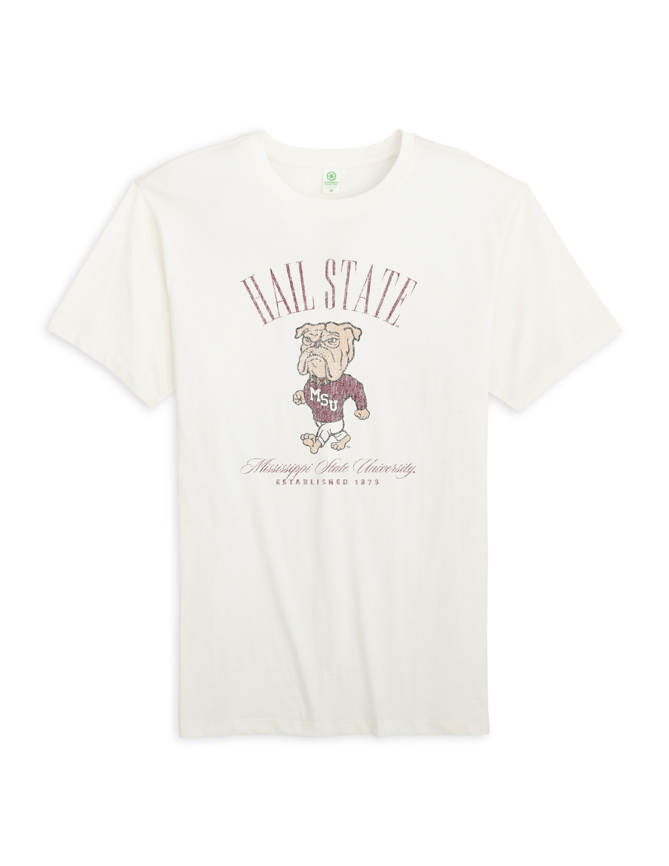 Mississippi State Ivory T-Shirt with Red text “Hail State” above an image of the Walking Bully Logo