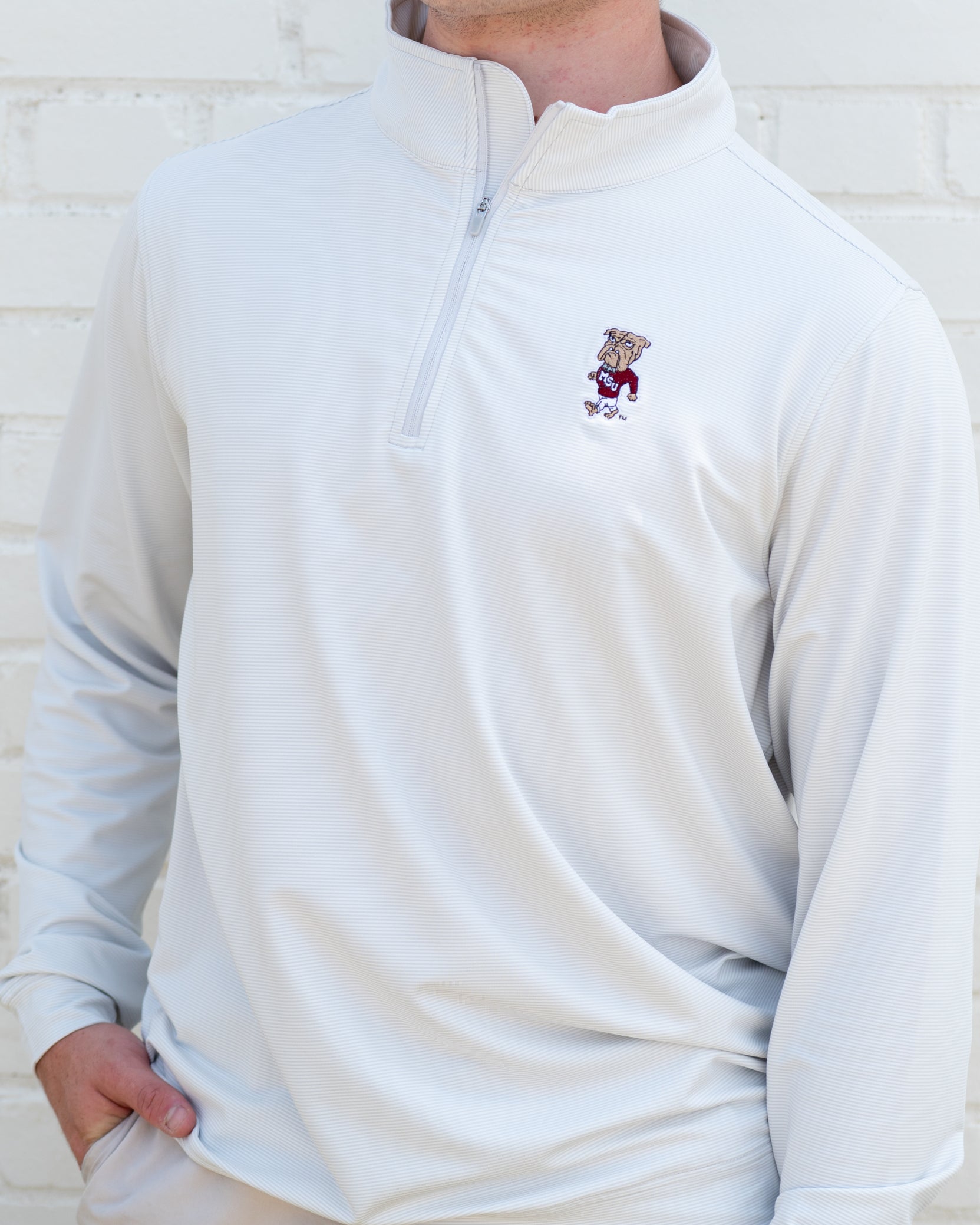 Mississippi State Light Grey Stripe Pullover with the Walking Bully Logo embroidery