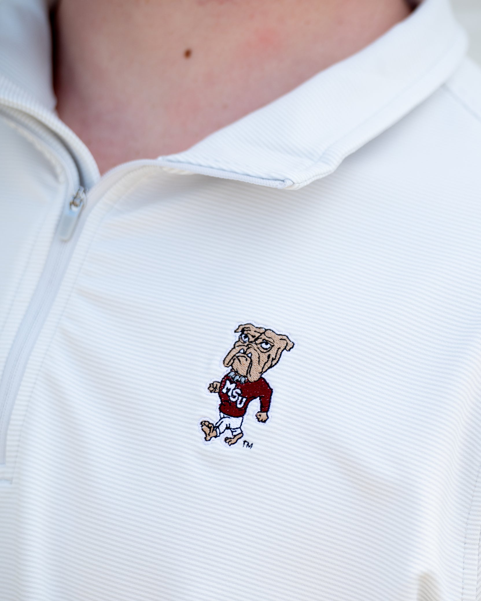 Mississippi State Light Grey Stripe Pullover with the Walking Bully Logo embroidery