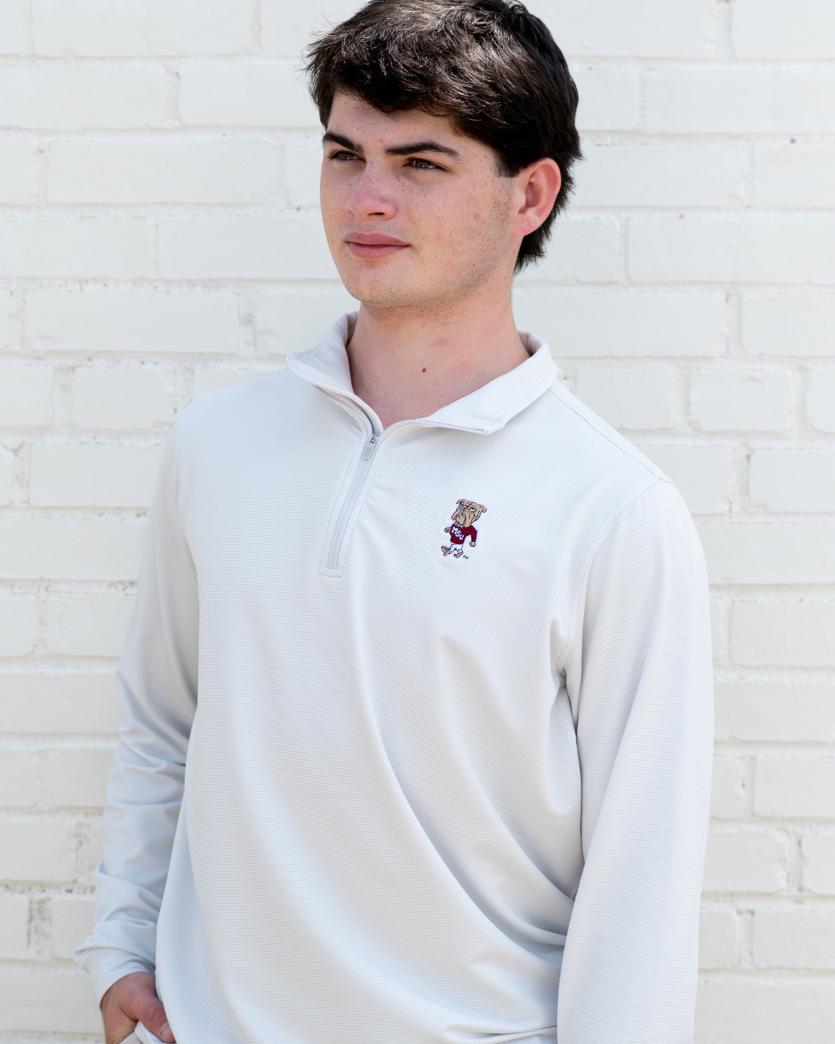 Mississippi State Light Grey Stripe Pullover with the Walking Bully Logo embroidery
