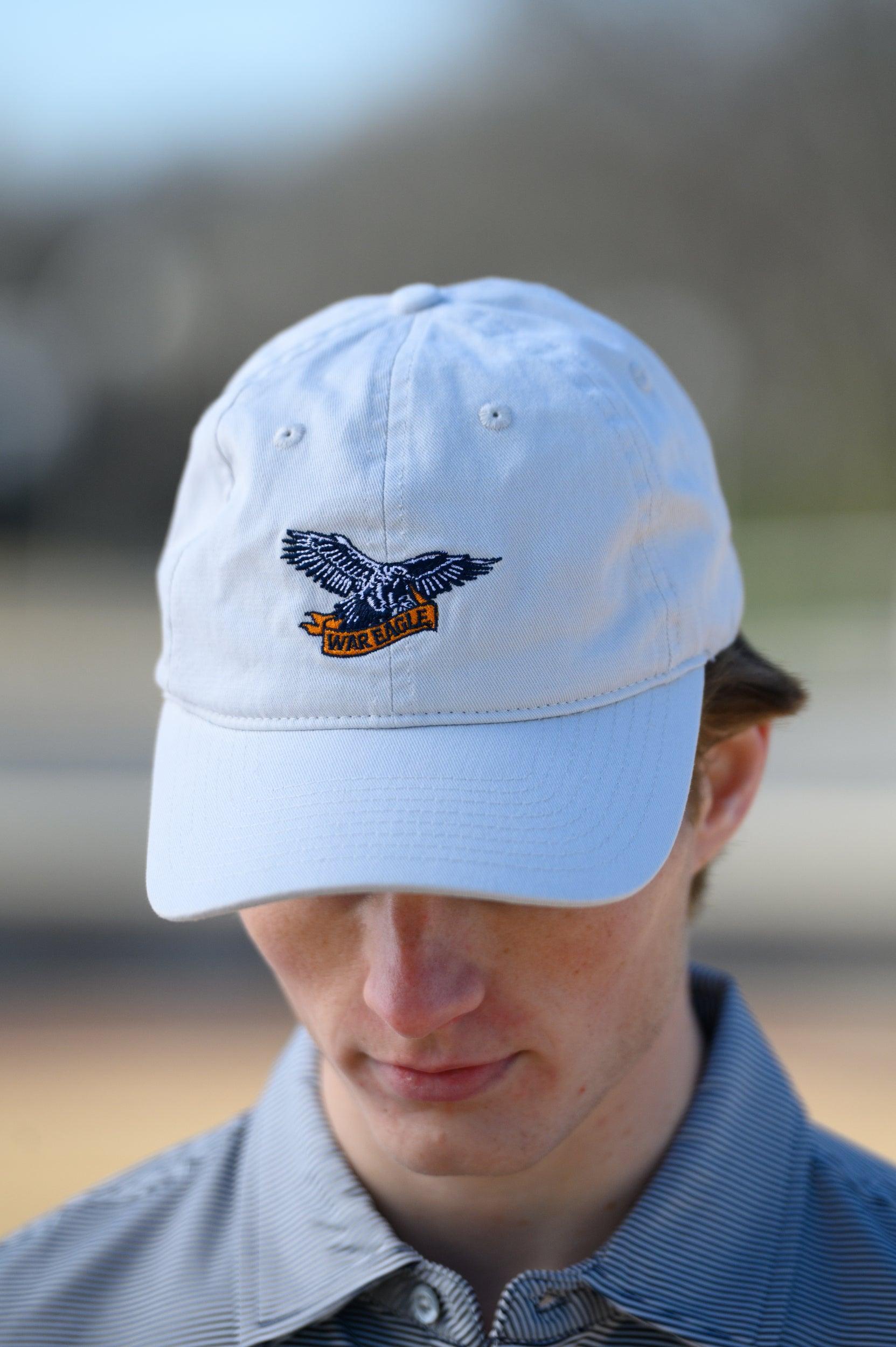 Auburn University White Dad Hat with a blue embroidered logo of the War Eagle Banner.