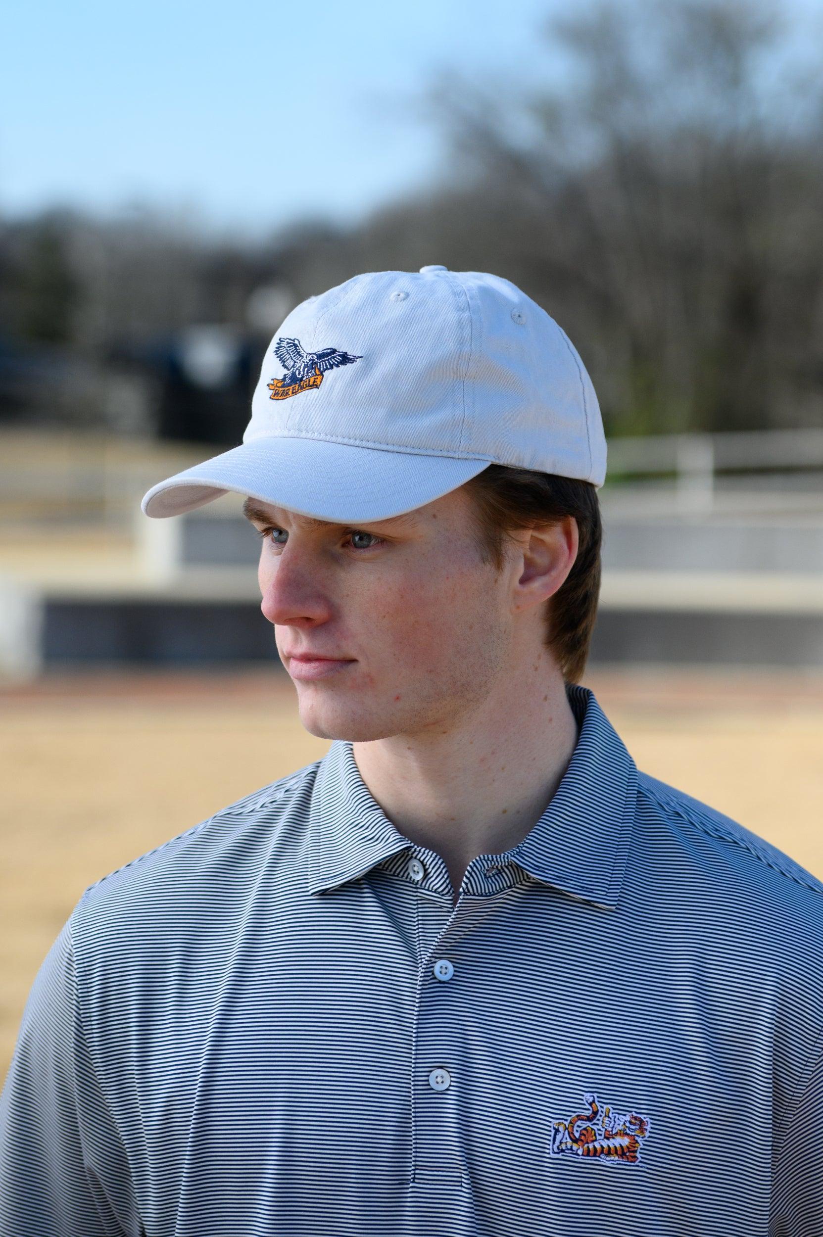 Auburn University White Dad Hat with a blue embroidered logo of the War Eagle Banner.